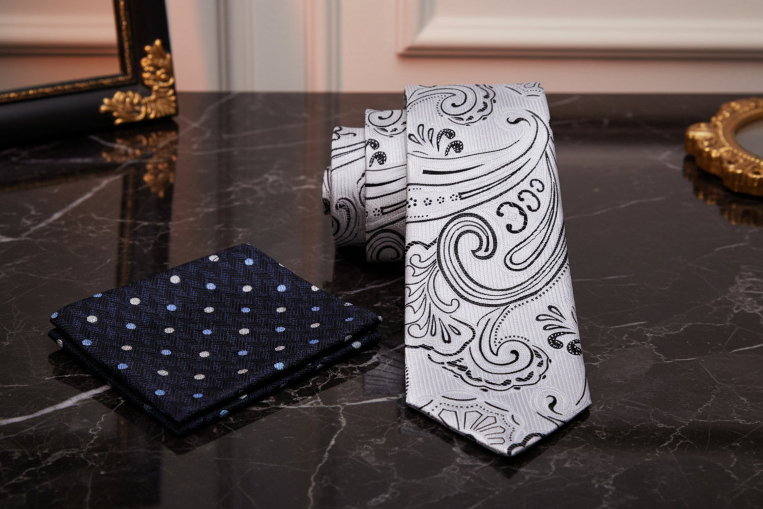 Alt Light Grey, Black Paisley Necktie and Blue Square