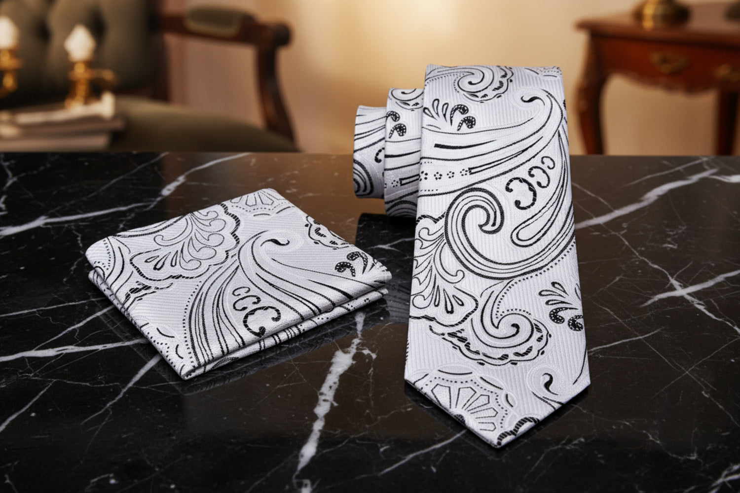 White tie and pocket square set with black paisley pattern on a white background