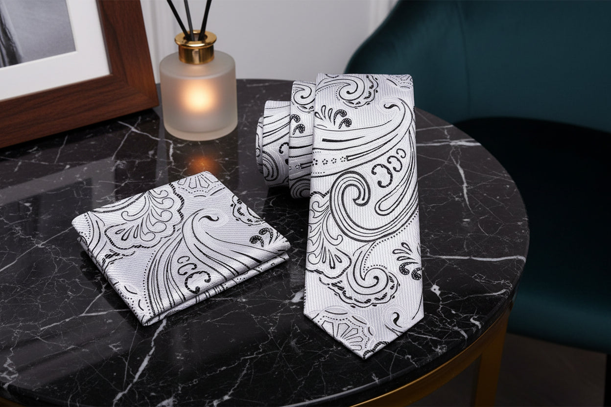 Alt Light Grey, Black Paisley Necktie and Matching Square