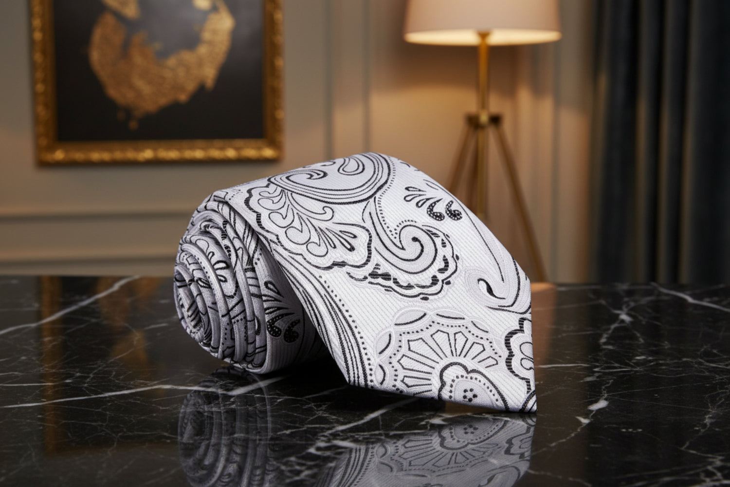 Light Grey, Black Paisley Necktie