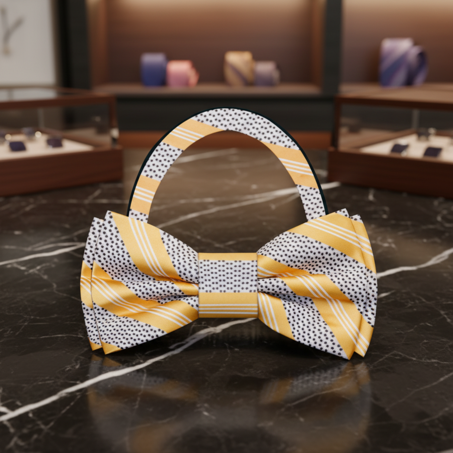 Yellow, Black, Grey Stripe Bow Tie Pre Tied