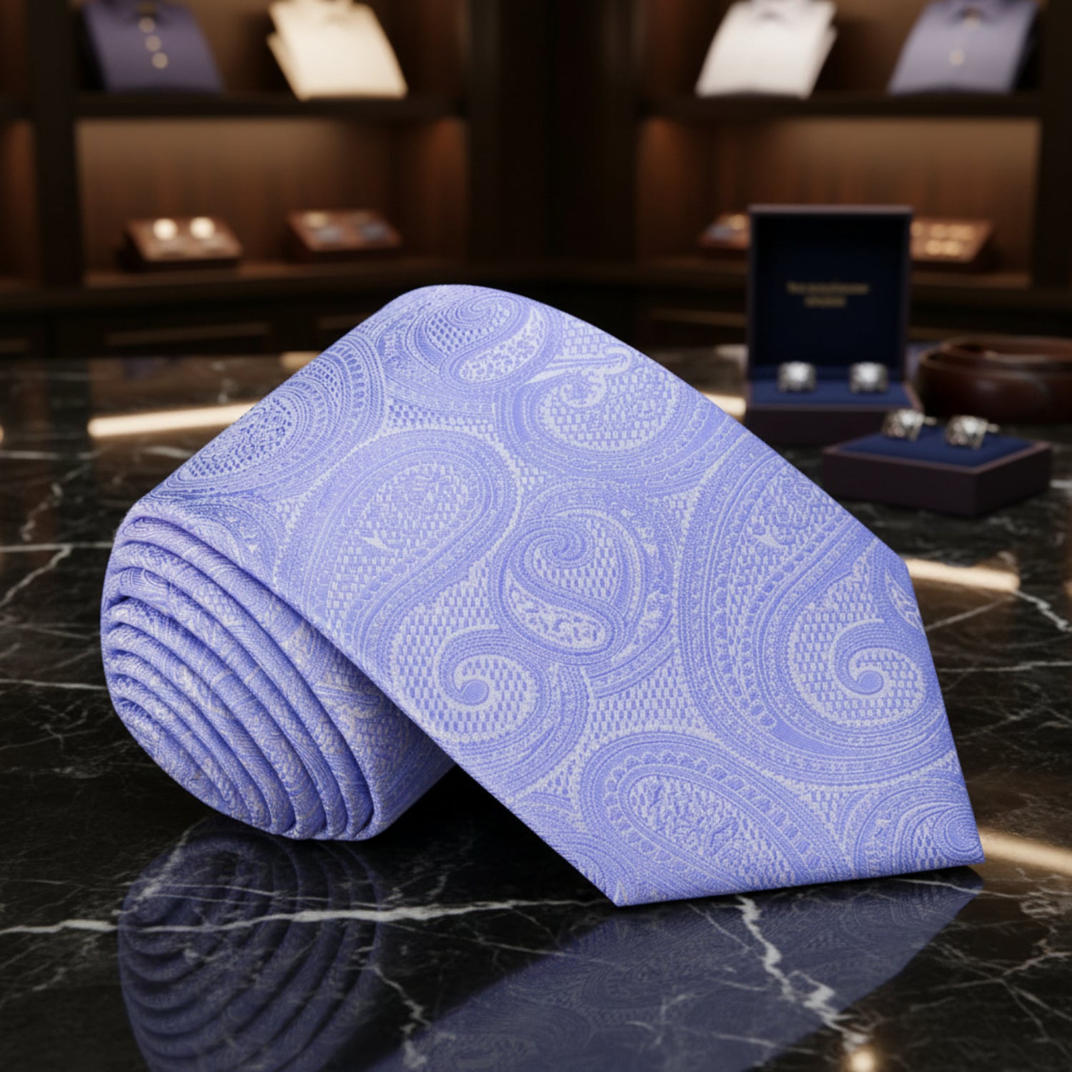 Rolled Up: Greyish Steel Blue Paisley Necktie