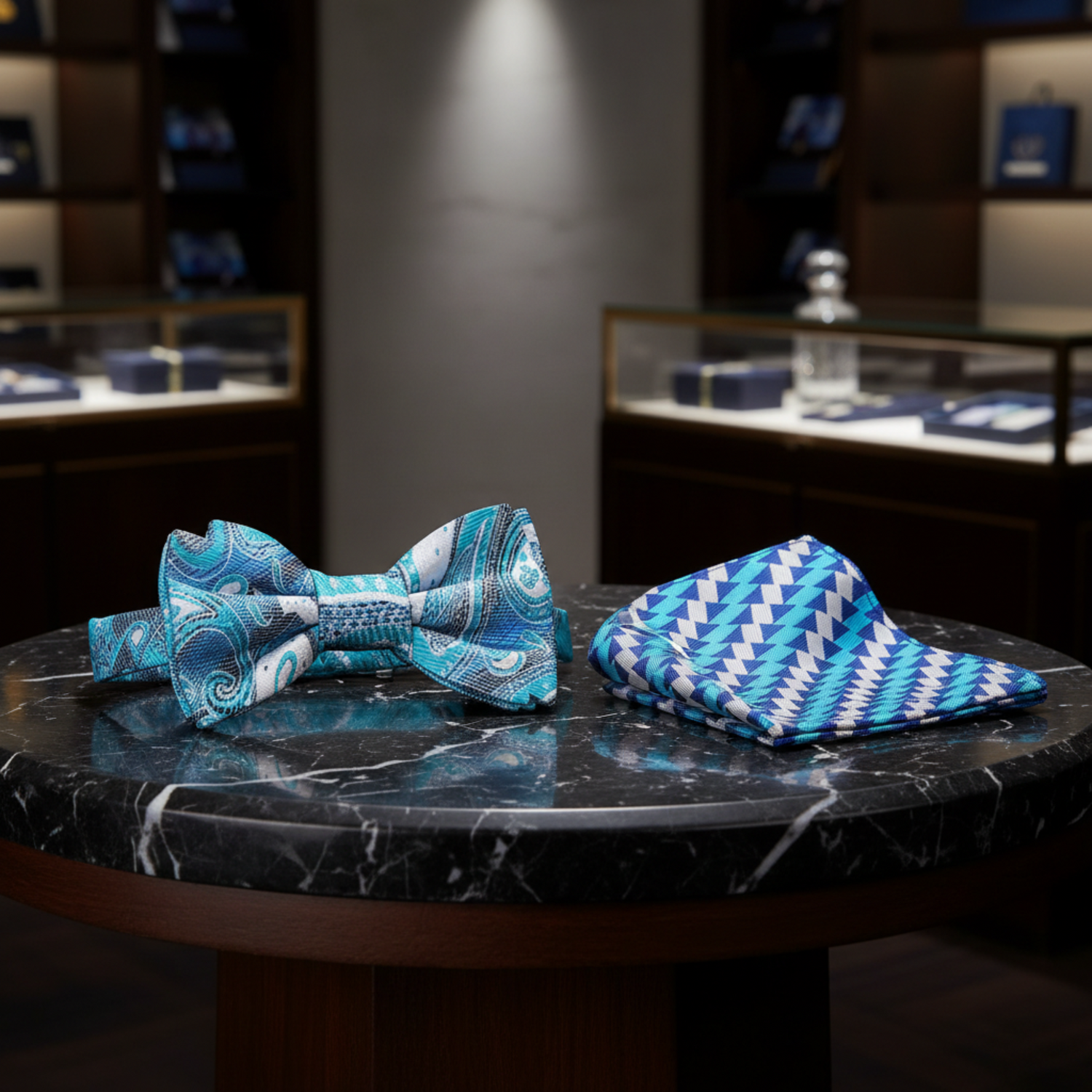 Light Blue Coda Paisley Bow Tie and Accenting Pocket Square