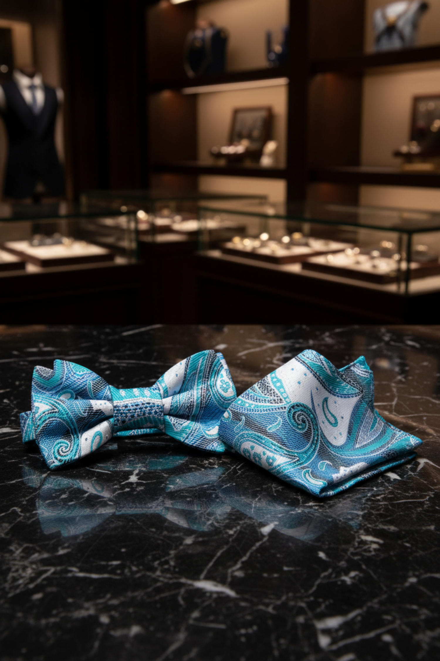 Light Blue Coda Paisley Bow Tie and Pocket Square