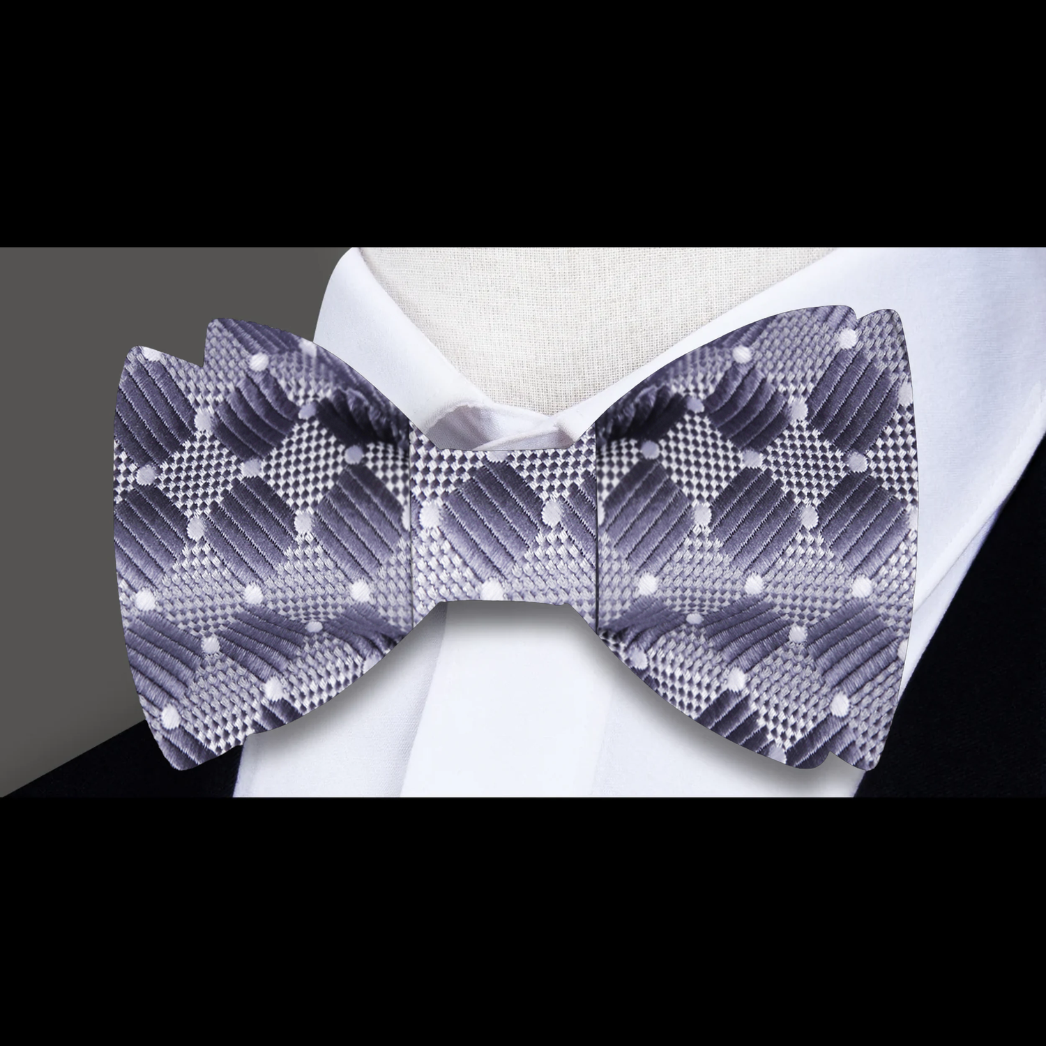  A Grey, White Geometric Dots Pattern Silk Self Tie Bow Tie 