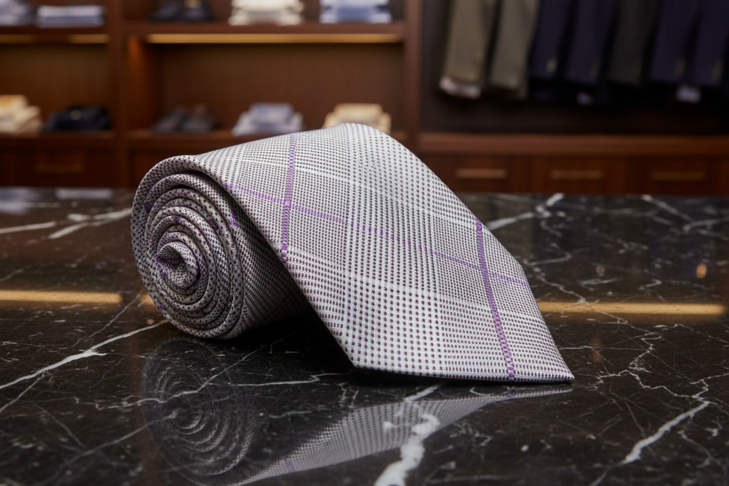 Light Grey, Light Purple Plaid Necktie View 3