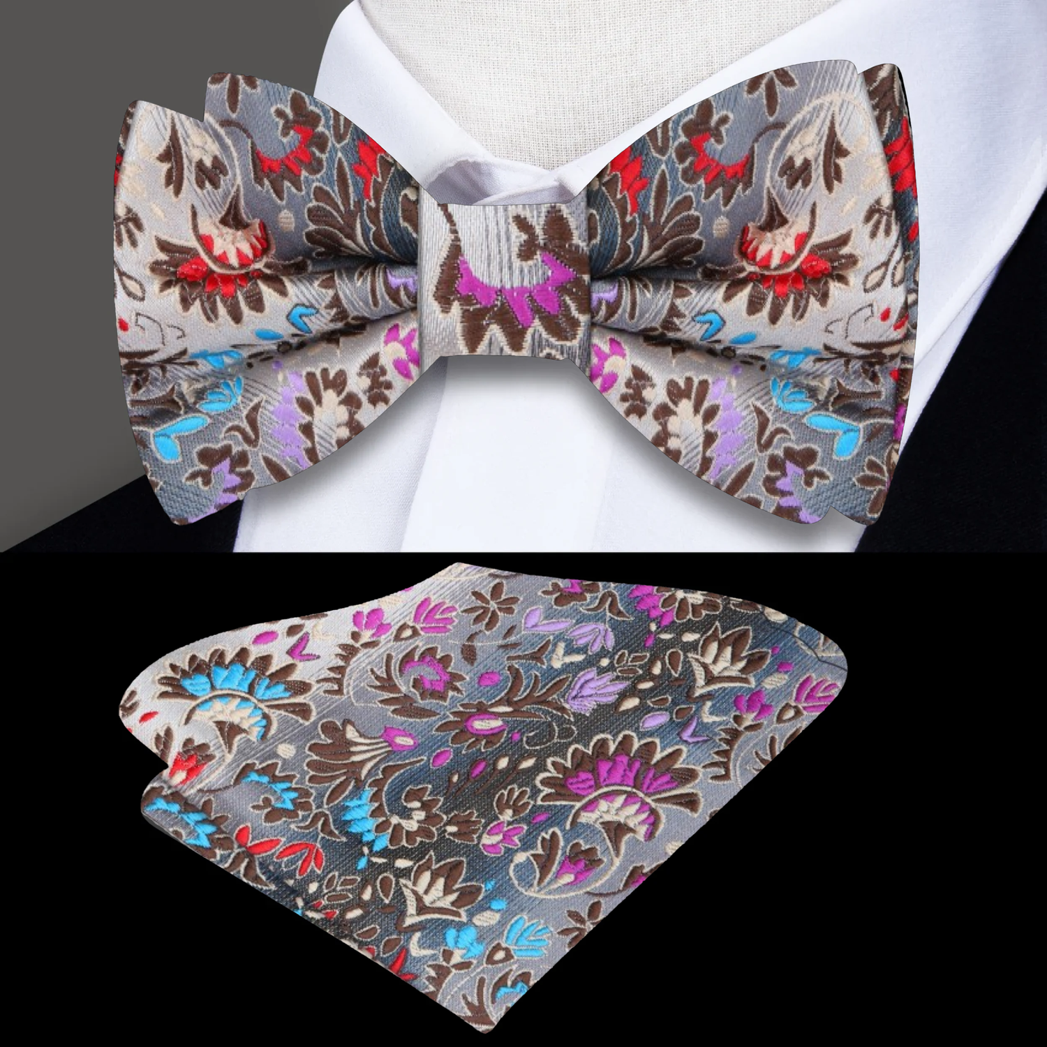 The image shows a set of matching bow tie and pocket square with a floral pattern on a brown background. The bow tie is displayed on a mannequin, and the pocket square is shown flat.