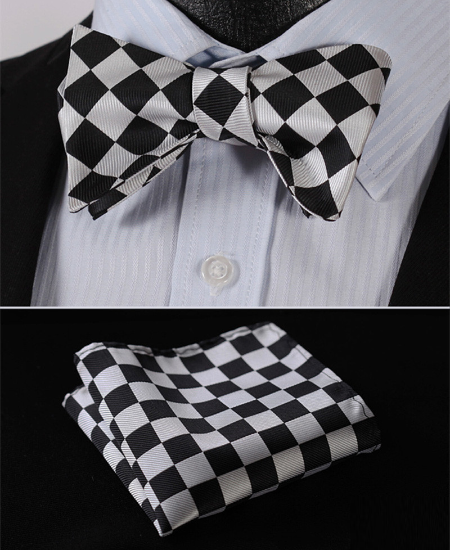 Main View: A Light Grey and Black Checkerboard Pattern Self Tie Bow Tie With Matching Pocket Square