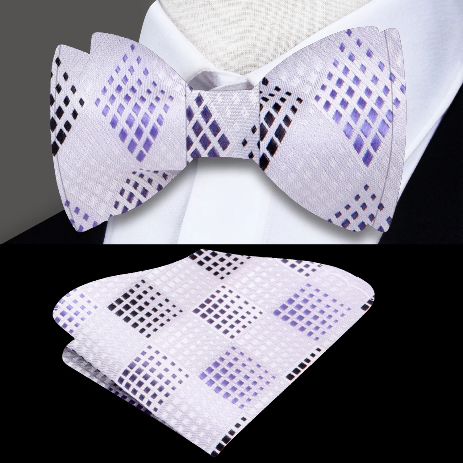 A Light Grey, Black Geometric Diamond Pattern Self-Tie Bow Tie, Matching Pocket Square