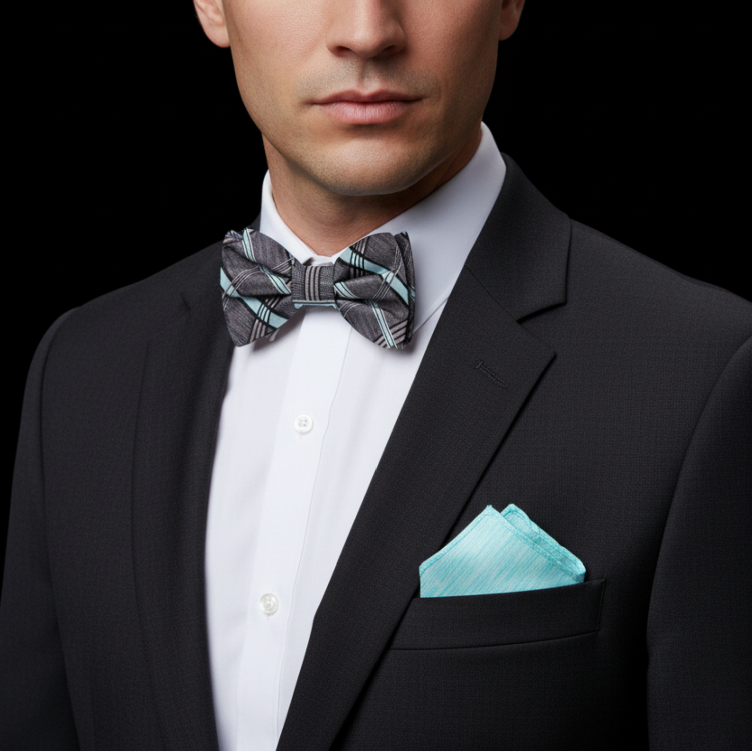 Man wearing a black suit with a patterned bow tie and light blue pocket square on a black background