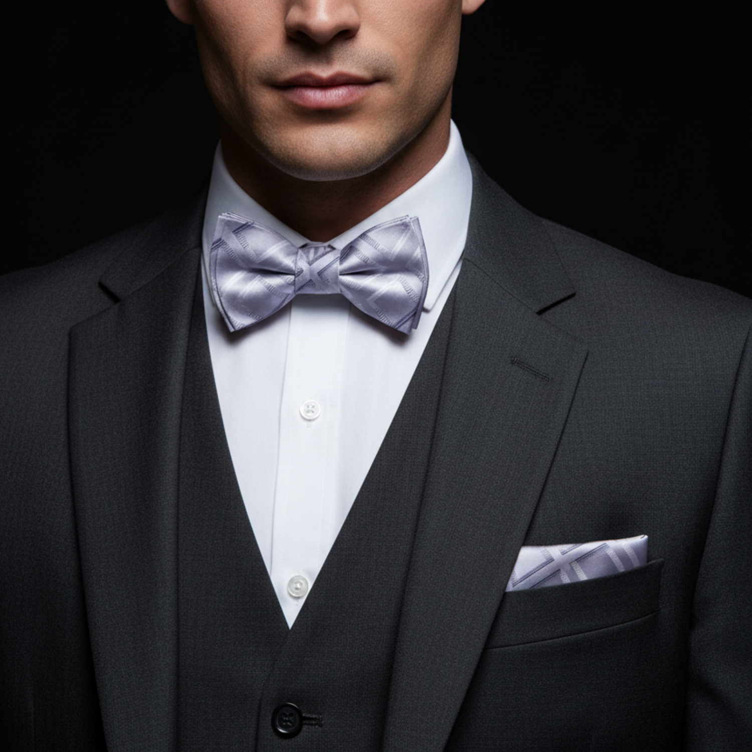 Man wearing a black suit with a white shirt and purple bow tie and pocket square on a dark background