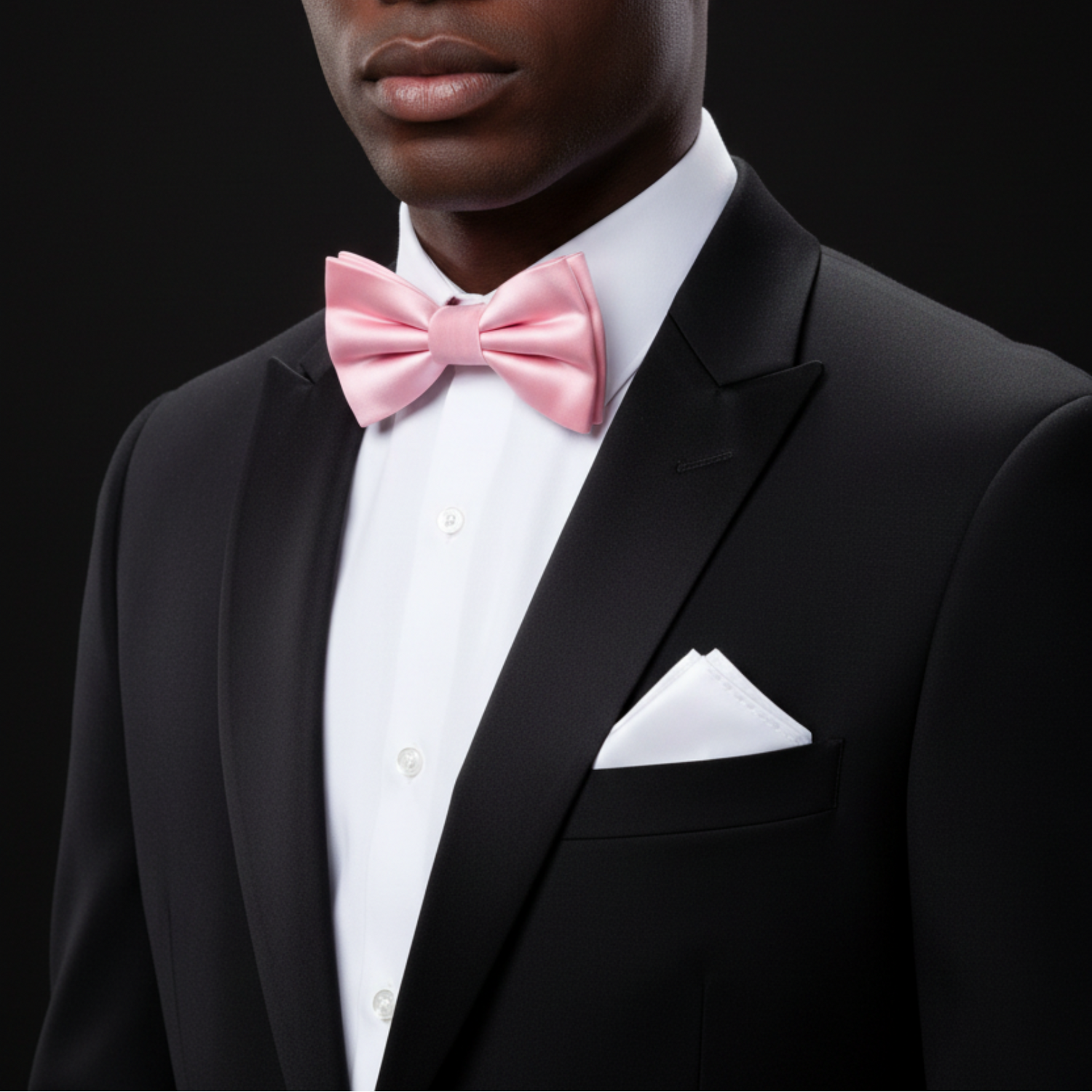 Man wearing a black tuxedo with a pink bow tie on a black background
