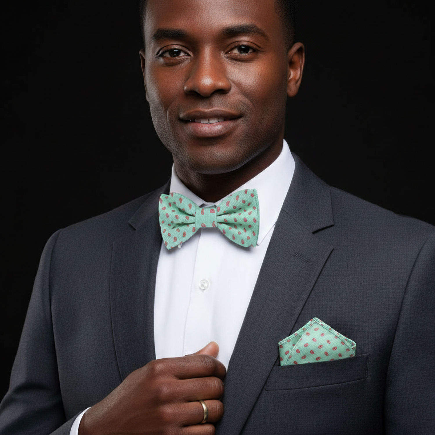 Man wearing a dark suit with a green and red paisley bow tie and pocket square on a black background
