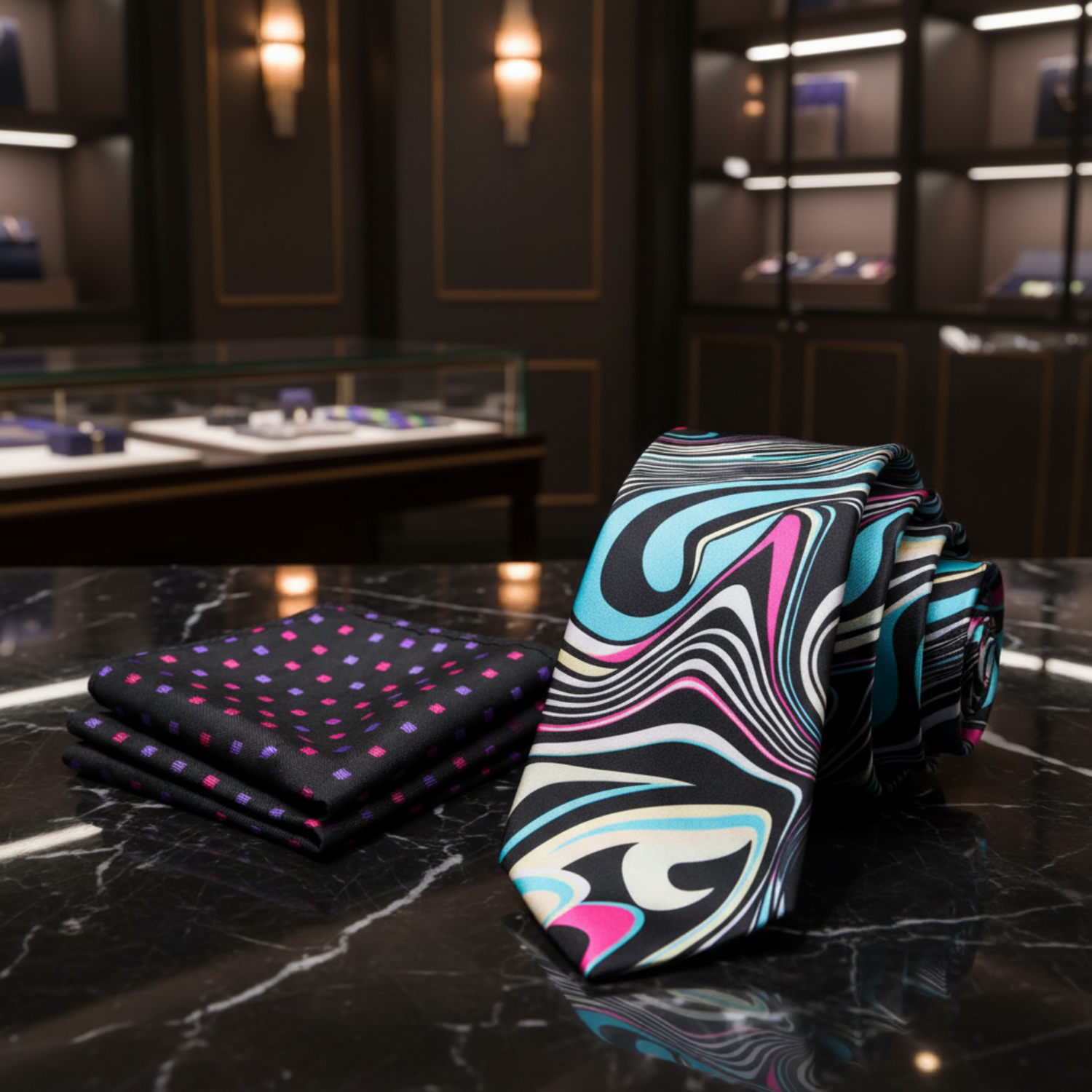 Alt Multi Color Abstract Necktie and Accenting Square