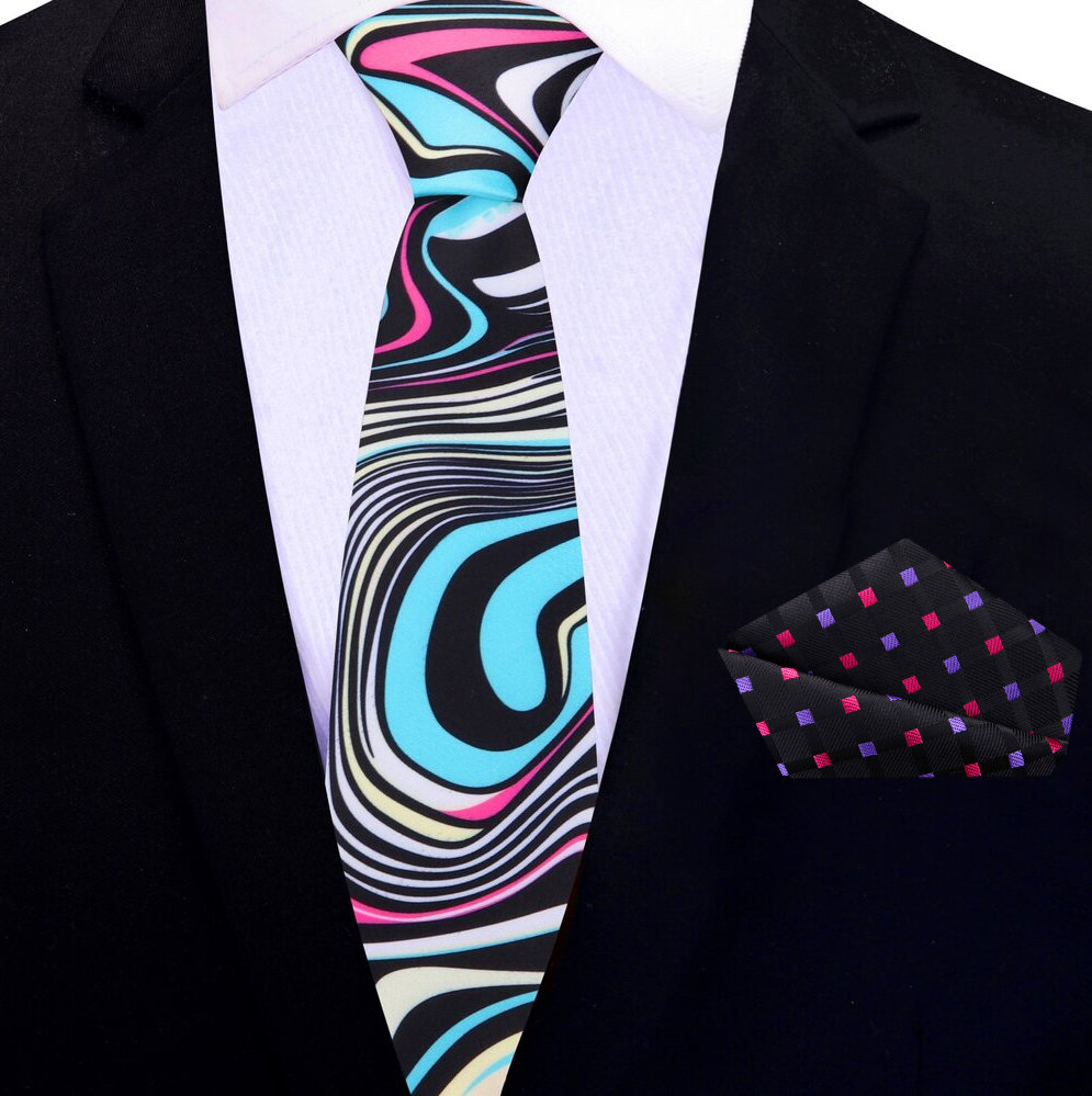 Thin Multi Color Abstract Necktie and Accenting Square