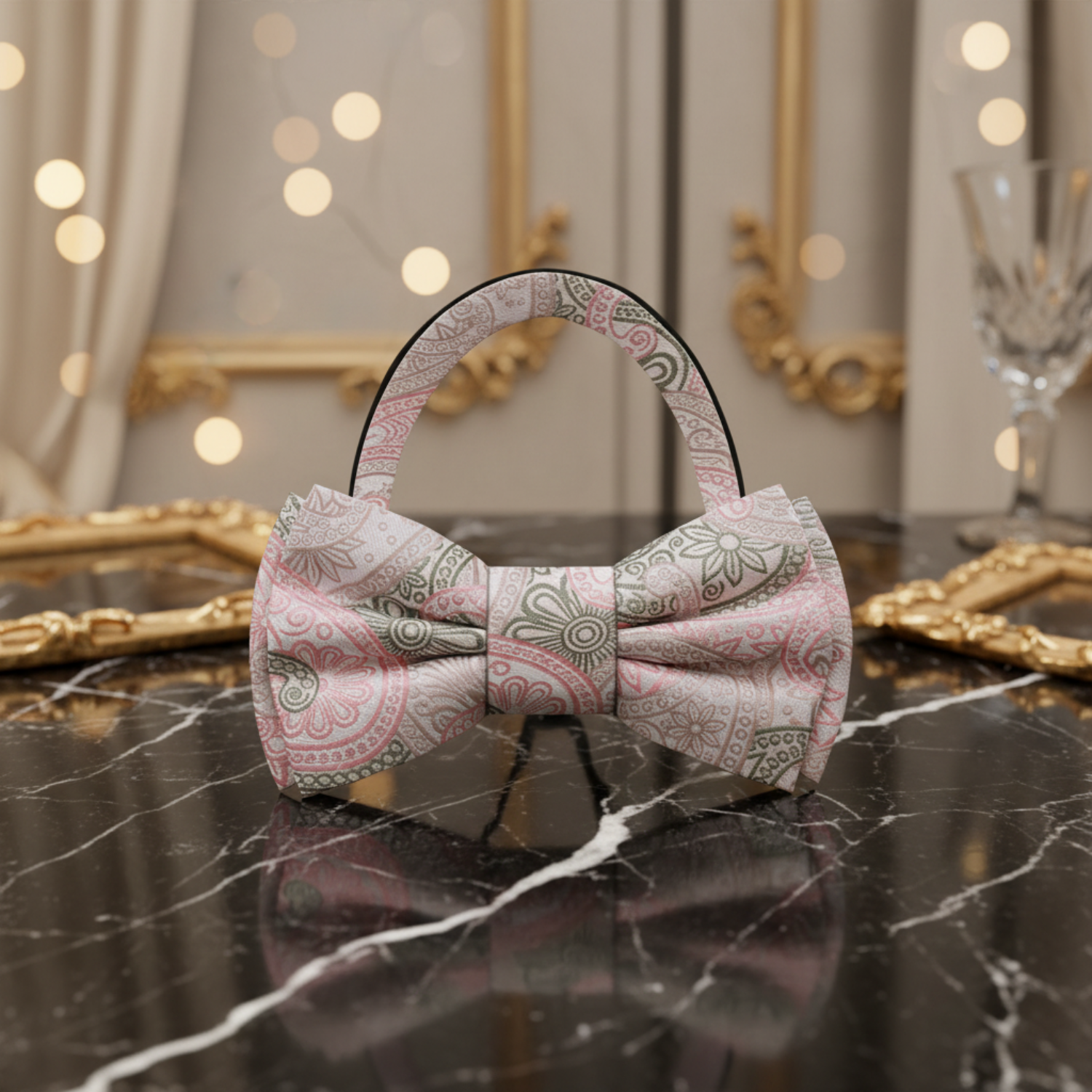 Light Pink, Army Green Paisley Bow Tie Pre Tied