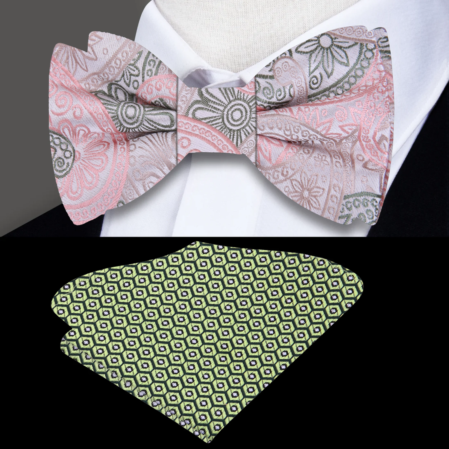 Light Pink, Army Green Paisley Bow Tie and Green Geometric Pocket Square