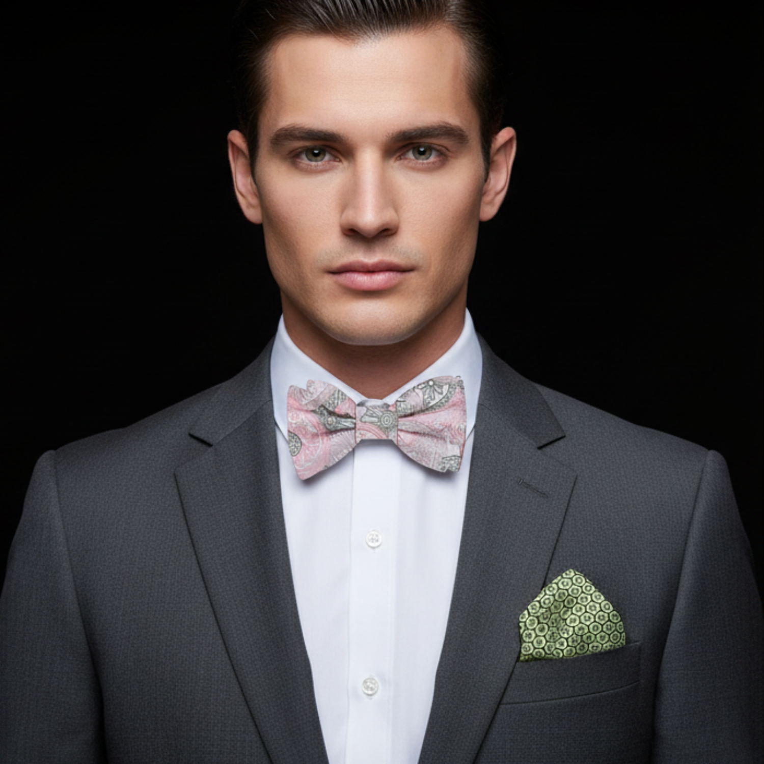 Man wearing pink and green paisley bow tie and accenting square