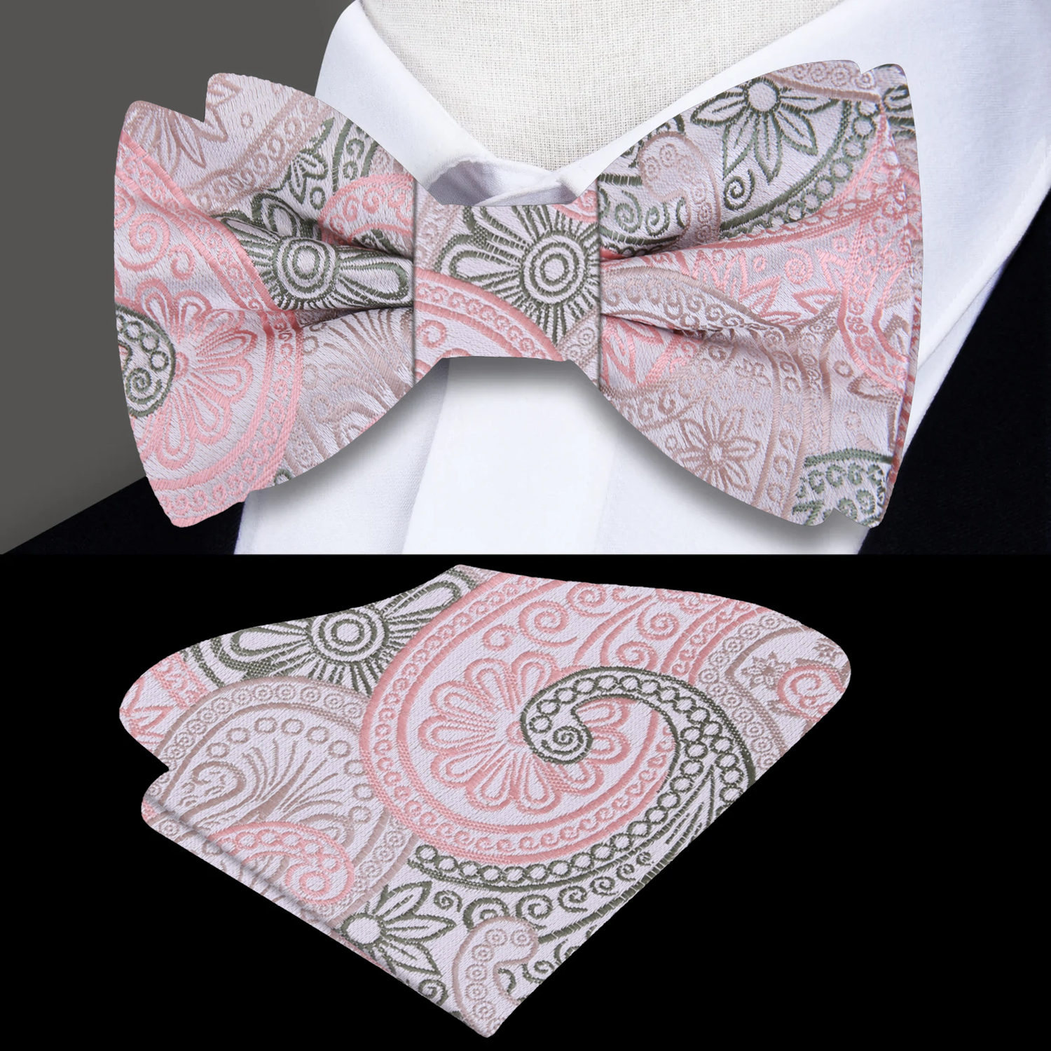Light Pink, Army Green Paisley Bow Tie and Pocket Square