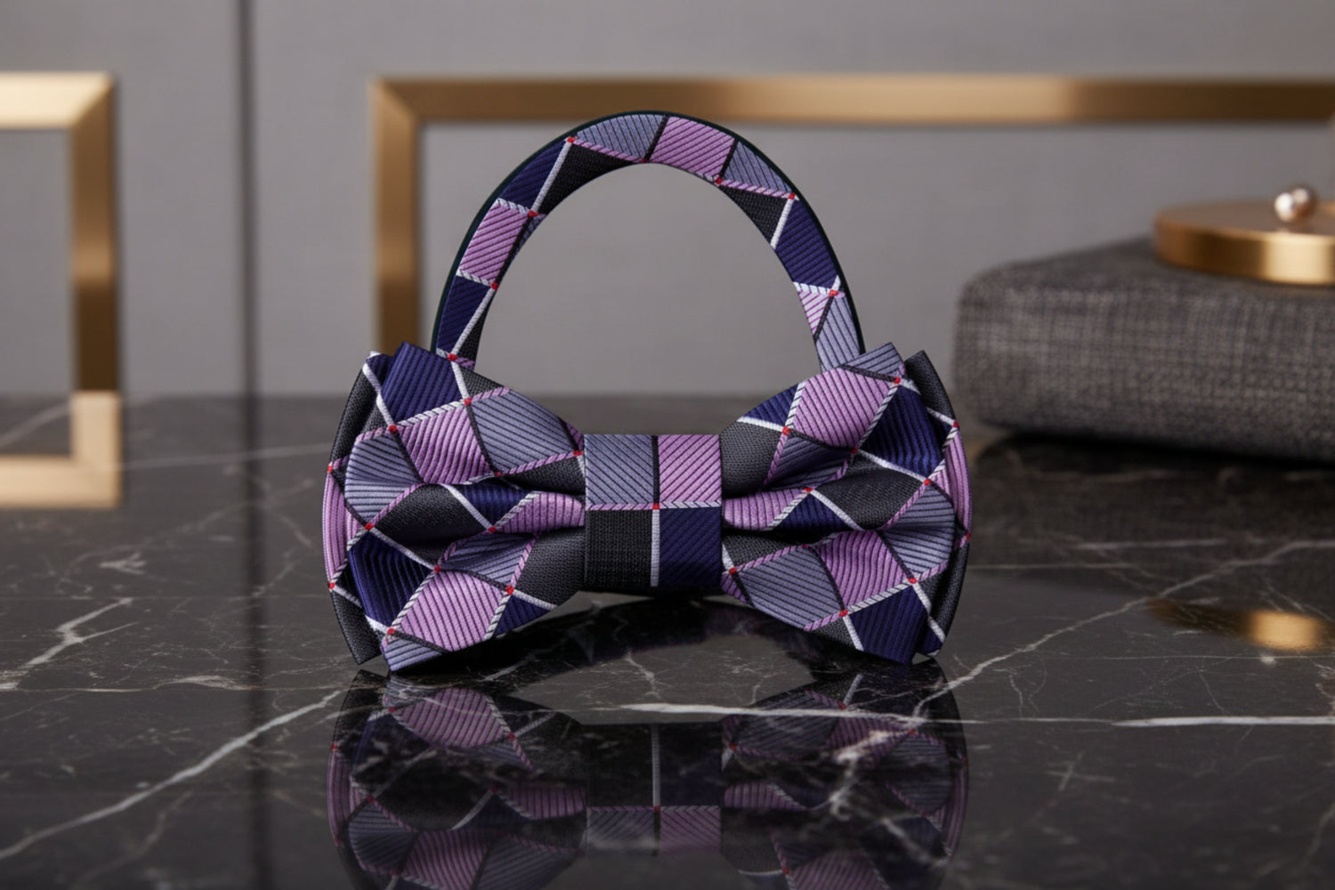 Light Pink, Grey, Dark Blue Geometric Bow Tie Pre Tied