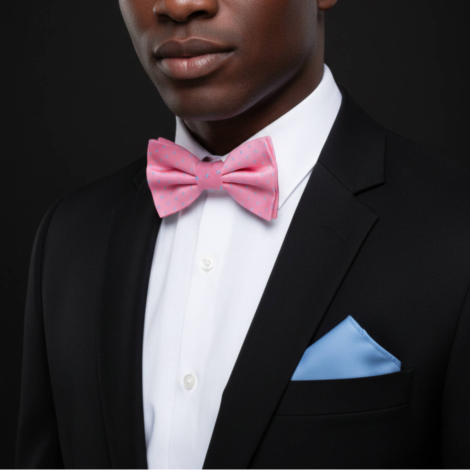 Gumball Pink, Rich Light Blue Polka Dots Bow Tie and Blue Pocket Square