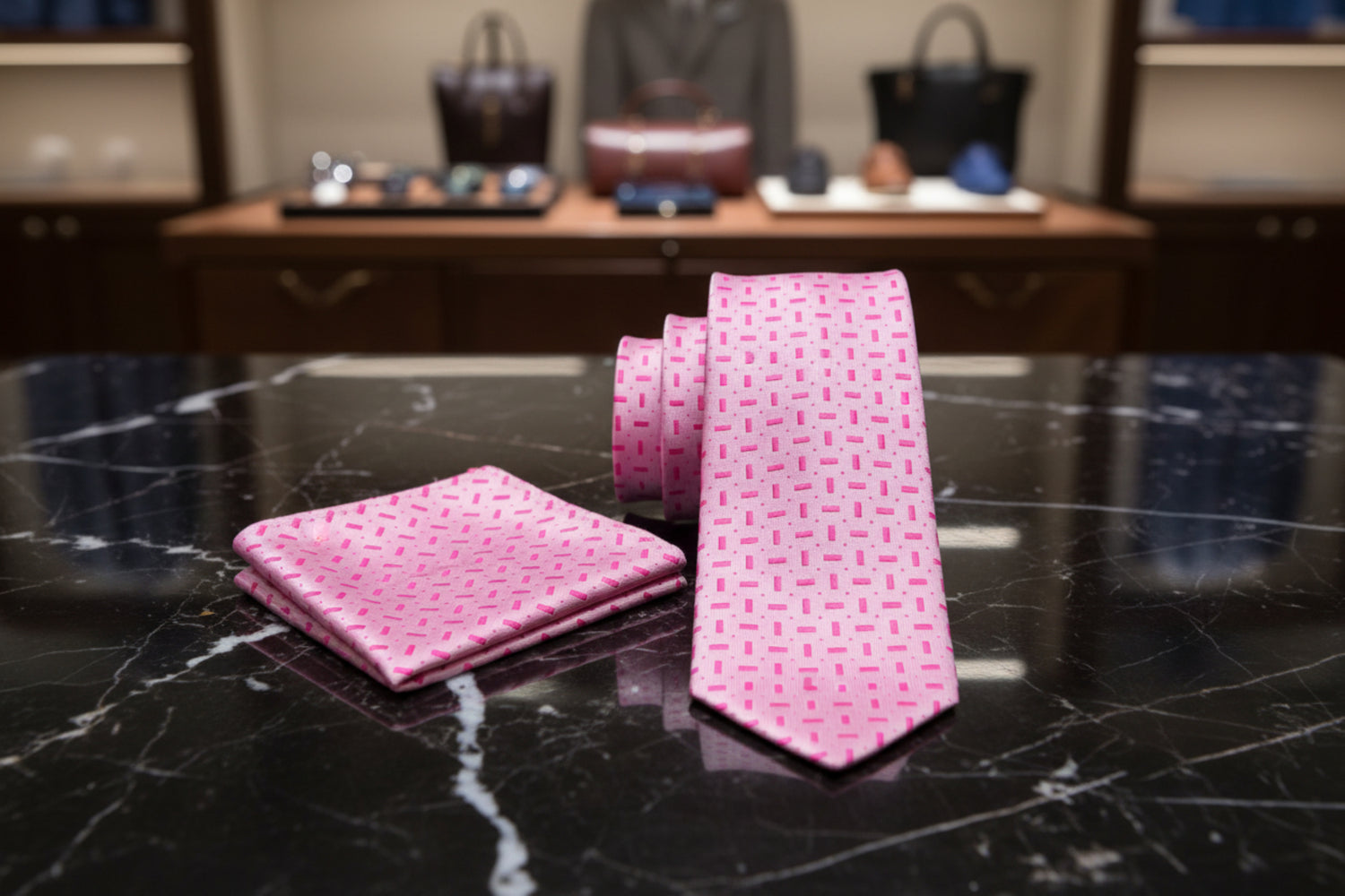 View 2 Shades of Pink Geometric Necktie and Square