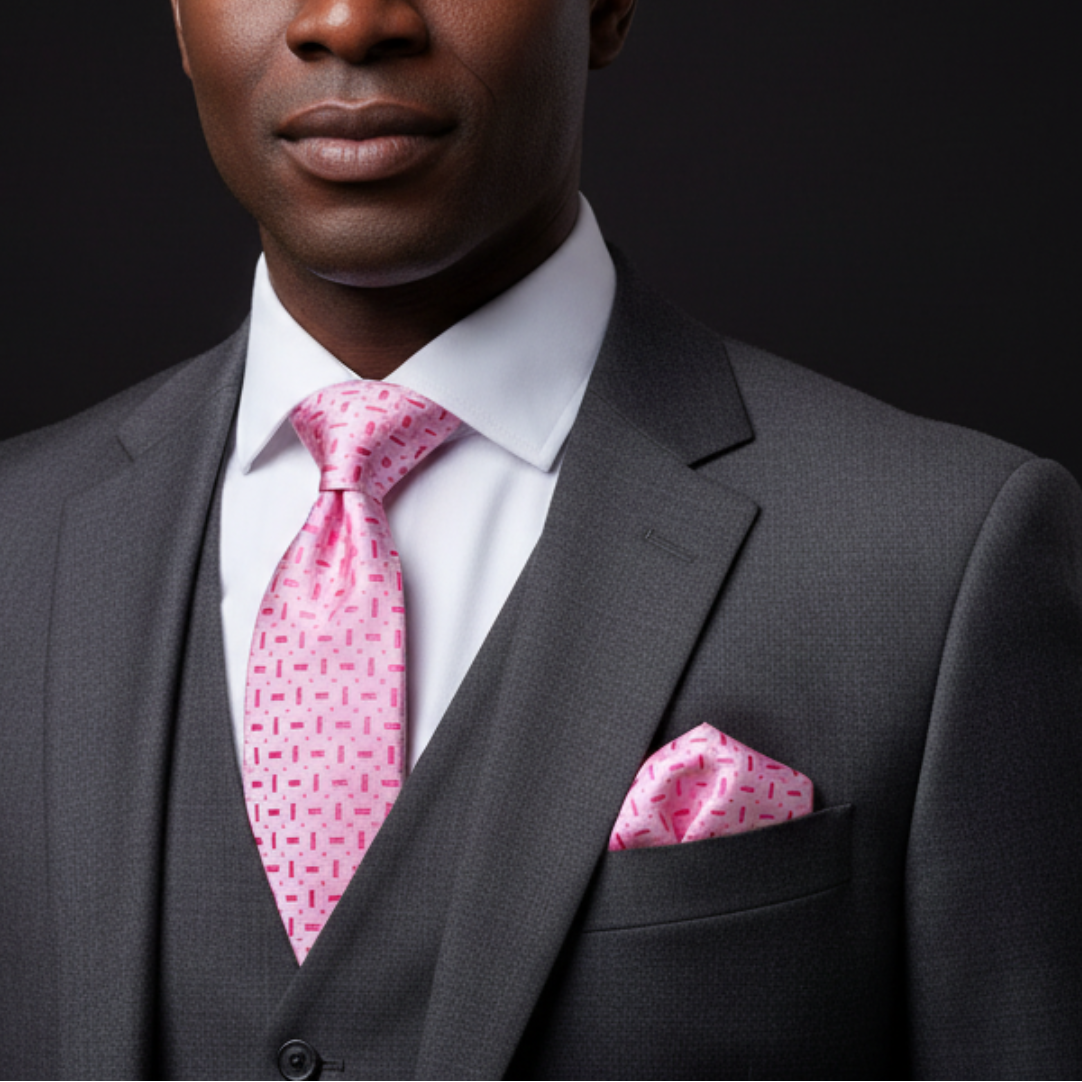 Man wearing a gray suit with a pink tie and pocket square against a black background