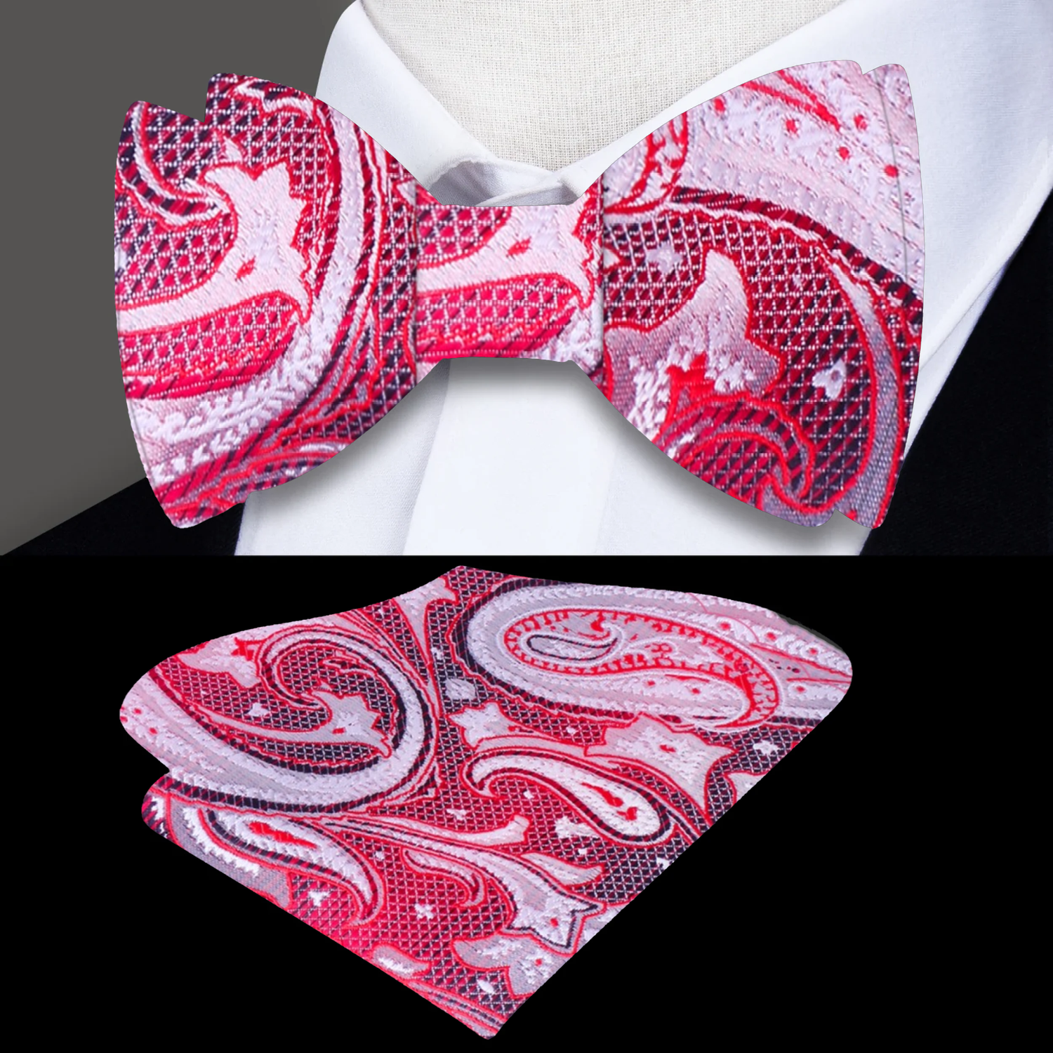 Main: A Crimson, Grey Paisley Pattern Self Tie Bow Tie, Matching Pocket Square