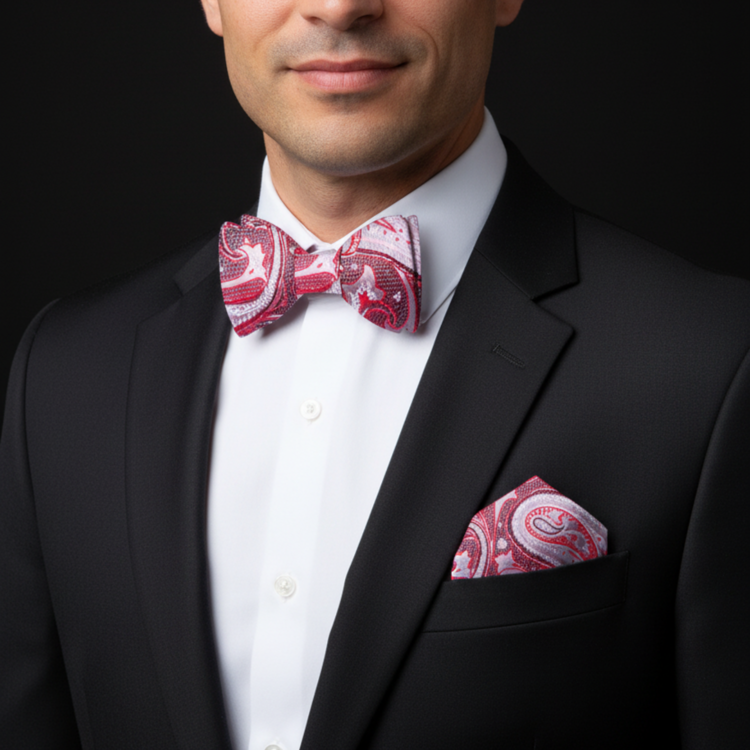 Man wearing a black suit with a red paisley bow tie and pocket square against a black background
