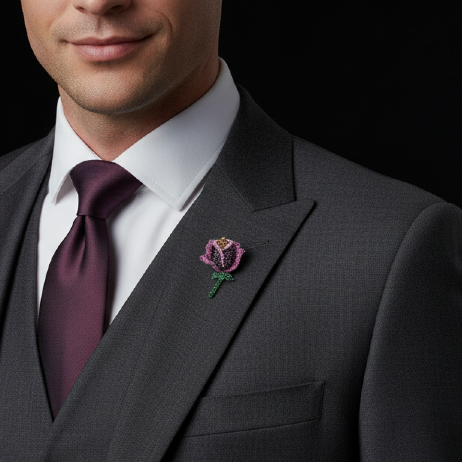 Man wearing a gray suit with a purple tie and floral lapel pin against a black background