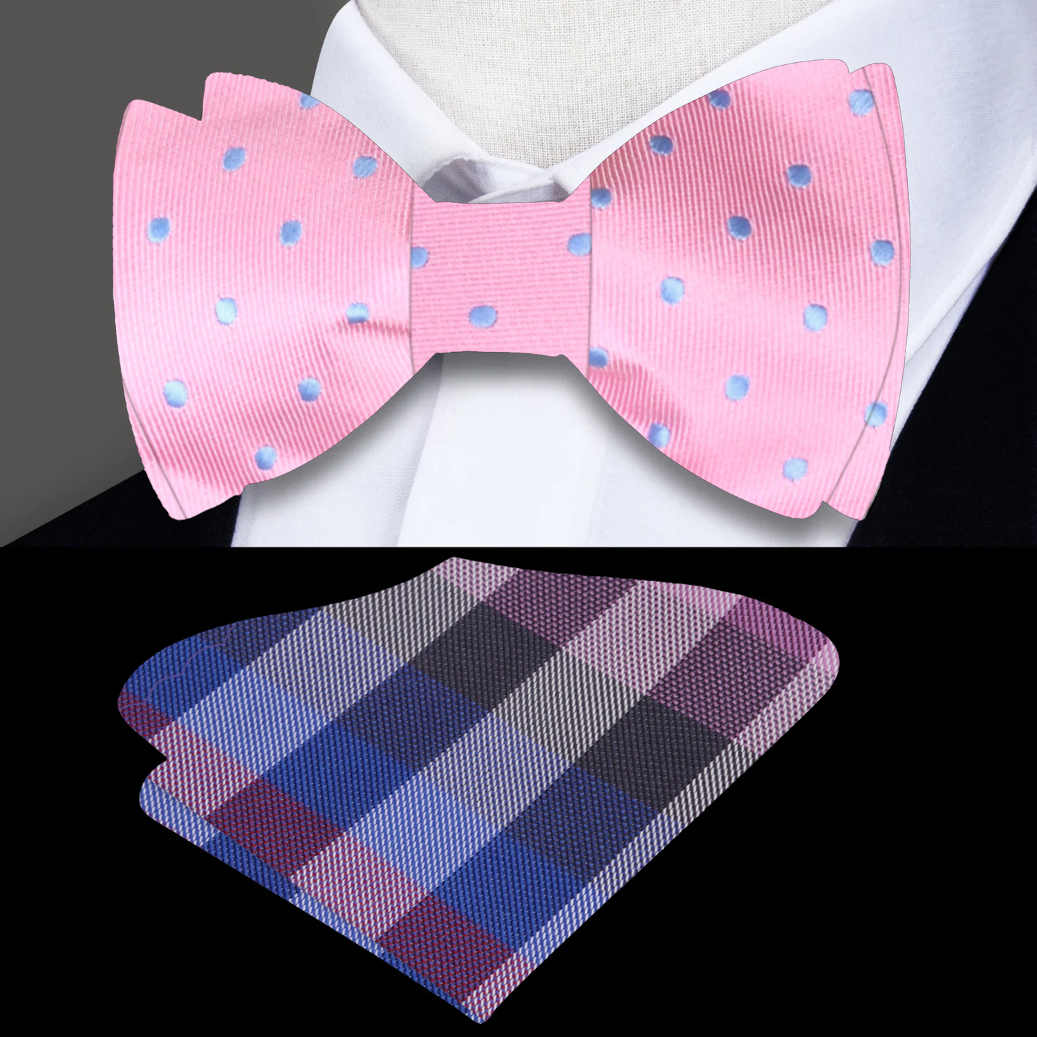 Pink with Light Blue Dots Bow Accenting Tie with  Square