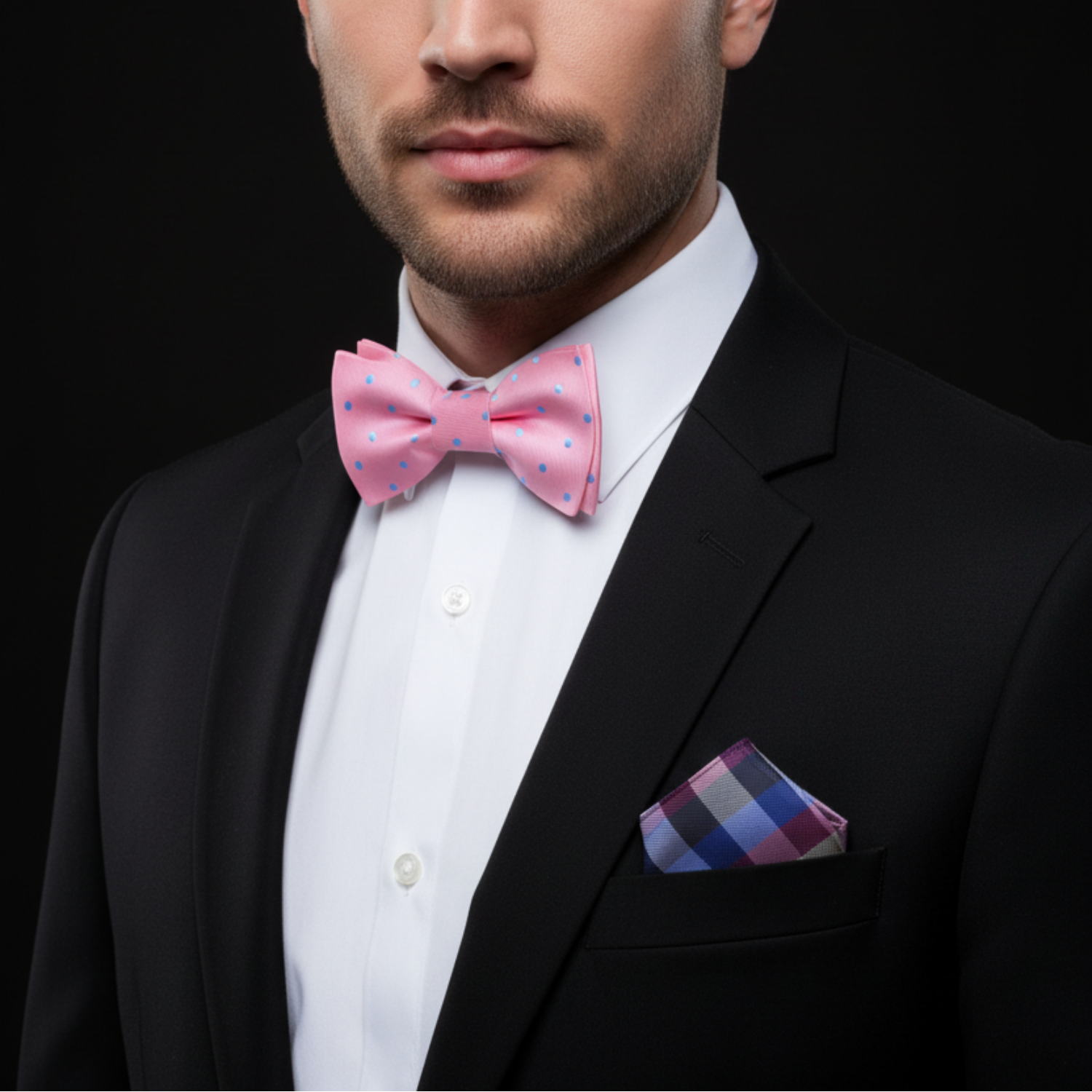 Man wearing a black suit with a pink bow tie and white shirt against a black background