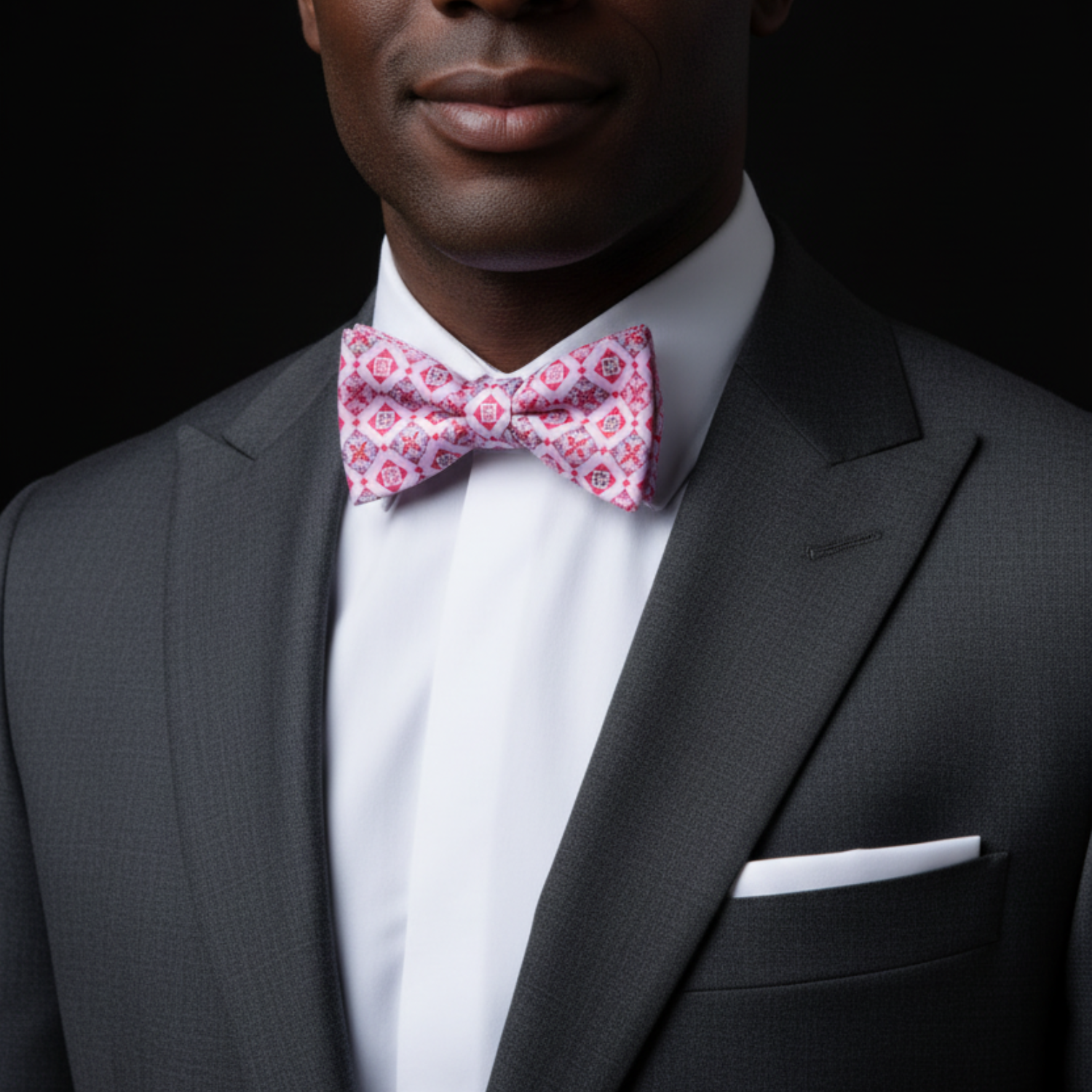Man wearing a gray suit with a white shirt and pink floral bow tie on a black background