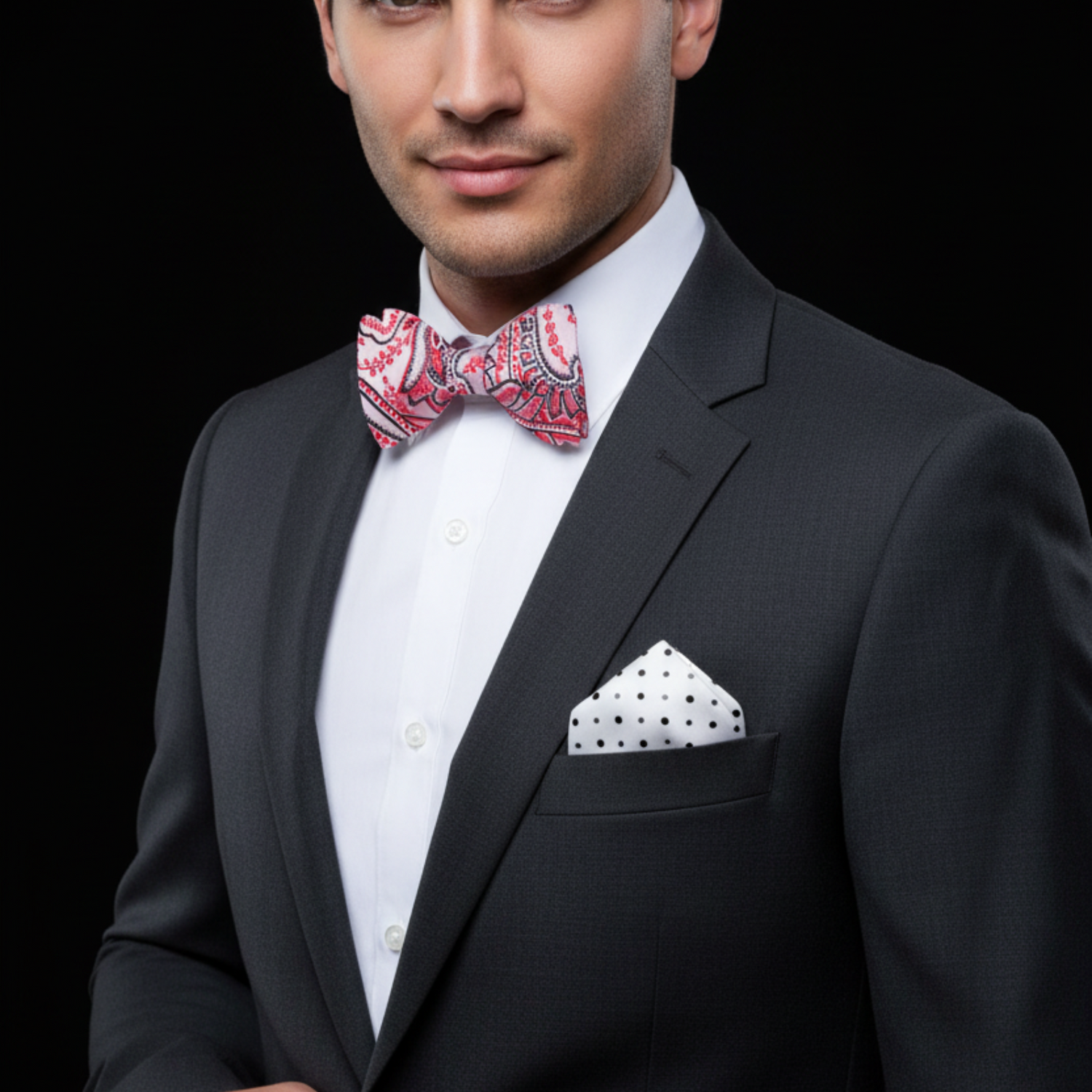 Pink, Red Paisley Self Tie Bow Tie and Accenting White Black Polka Square