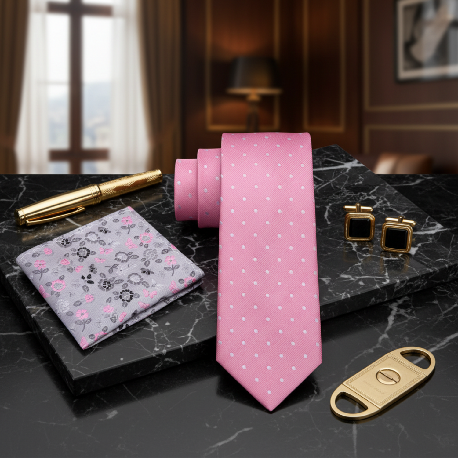 Alt Light Pink with White Dots Tie and Accenting Square 2