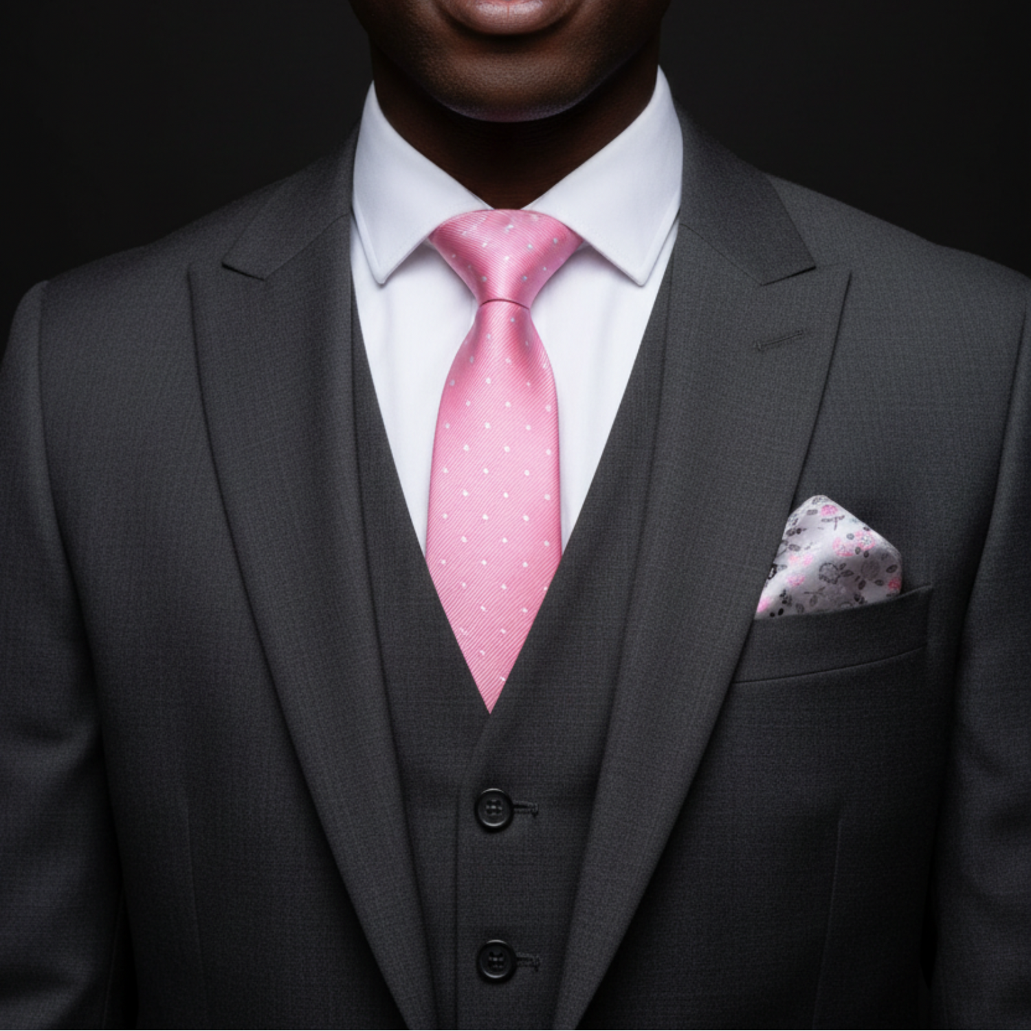 Man wearing a gray suit with a pink tie and pocket square on a black background