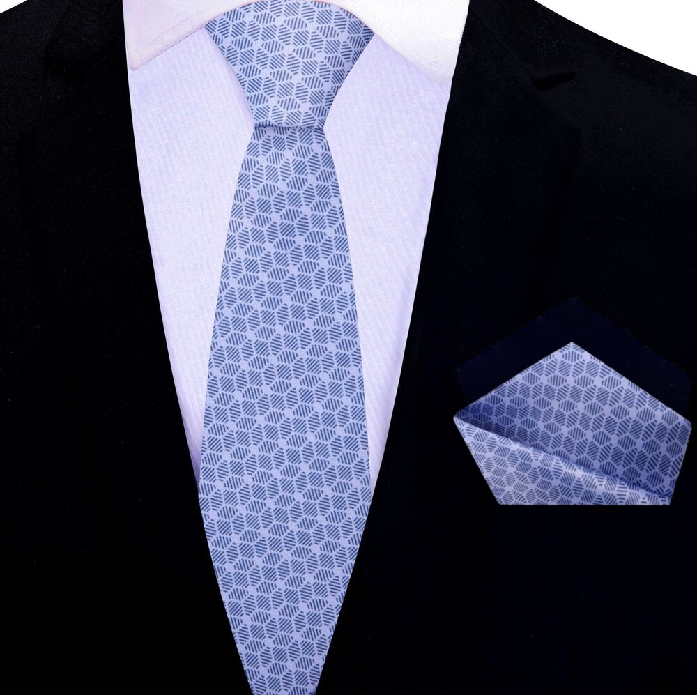 Thin Deep Periwinkle, Blue 3D Cubes Tie and Pocket Square