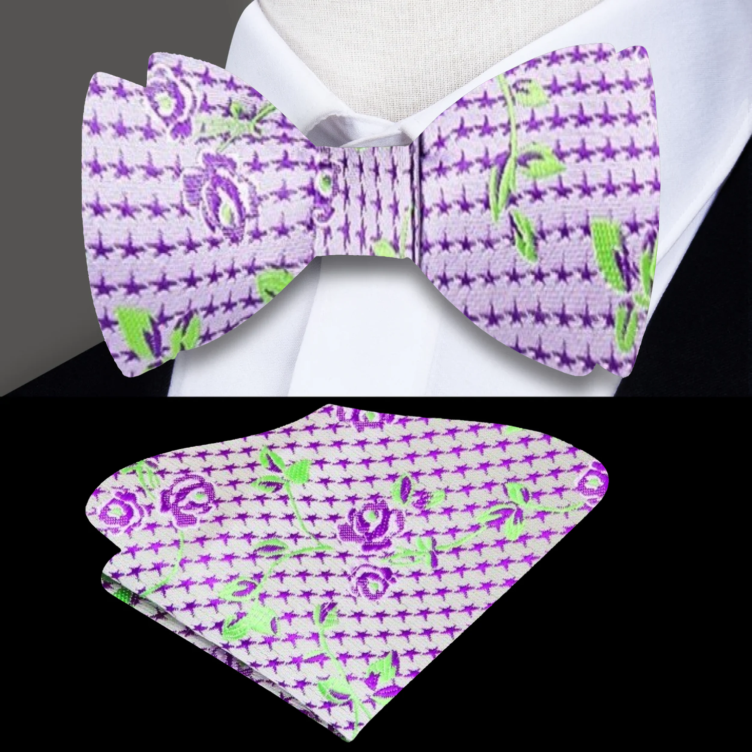 A Light Purple, Green Intricate Floral Pattern Self Tie Bow Tie, Matching Pocket Square
