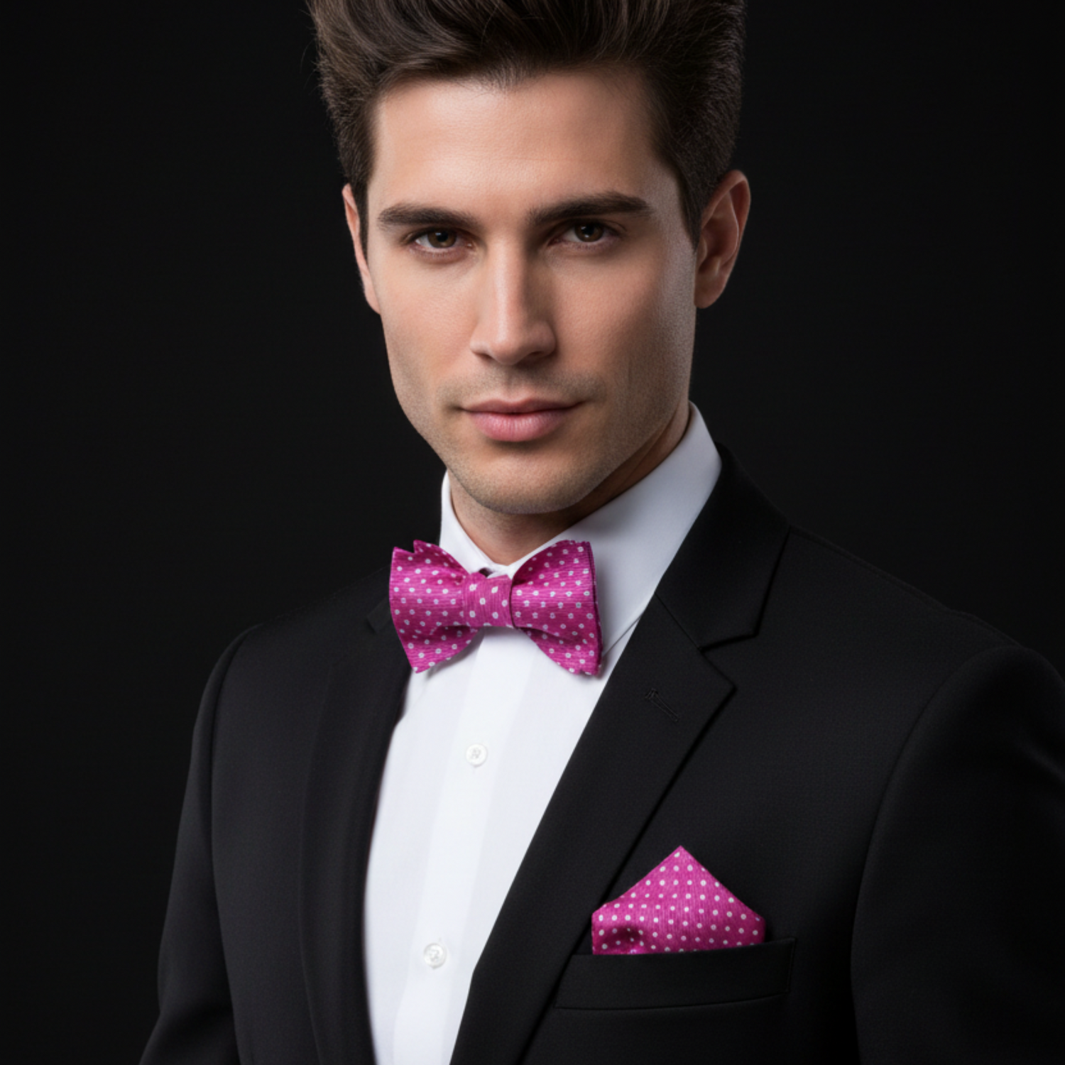 Man wearing a black suit with a pink polka dot bow tie and pocket square on a black background