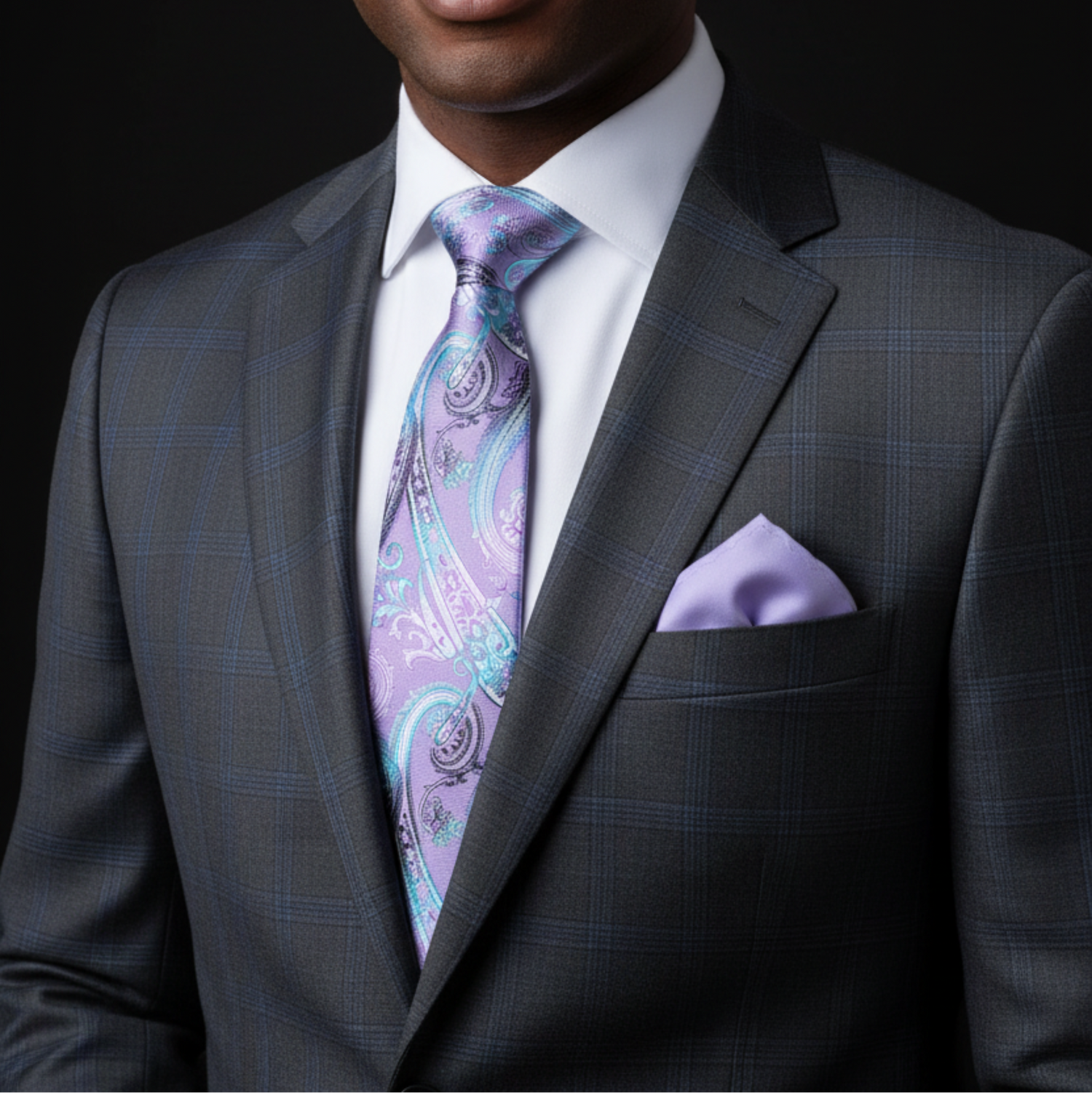 Man wearing a gray suit with a purple paisley tie and matching pocket square on a black background