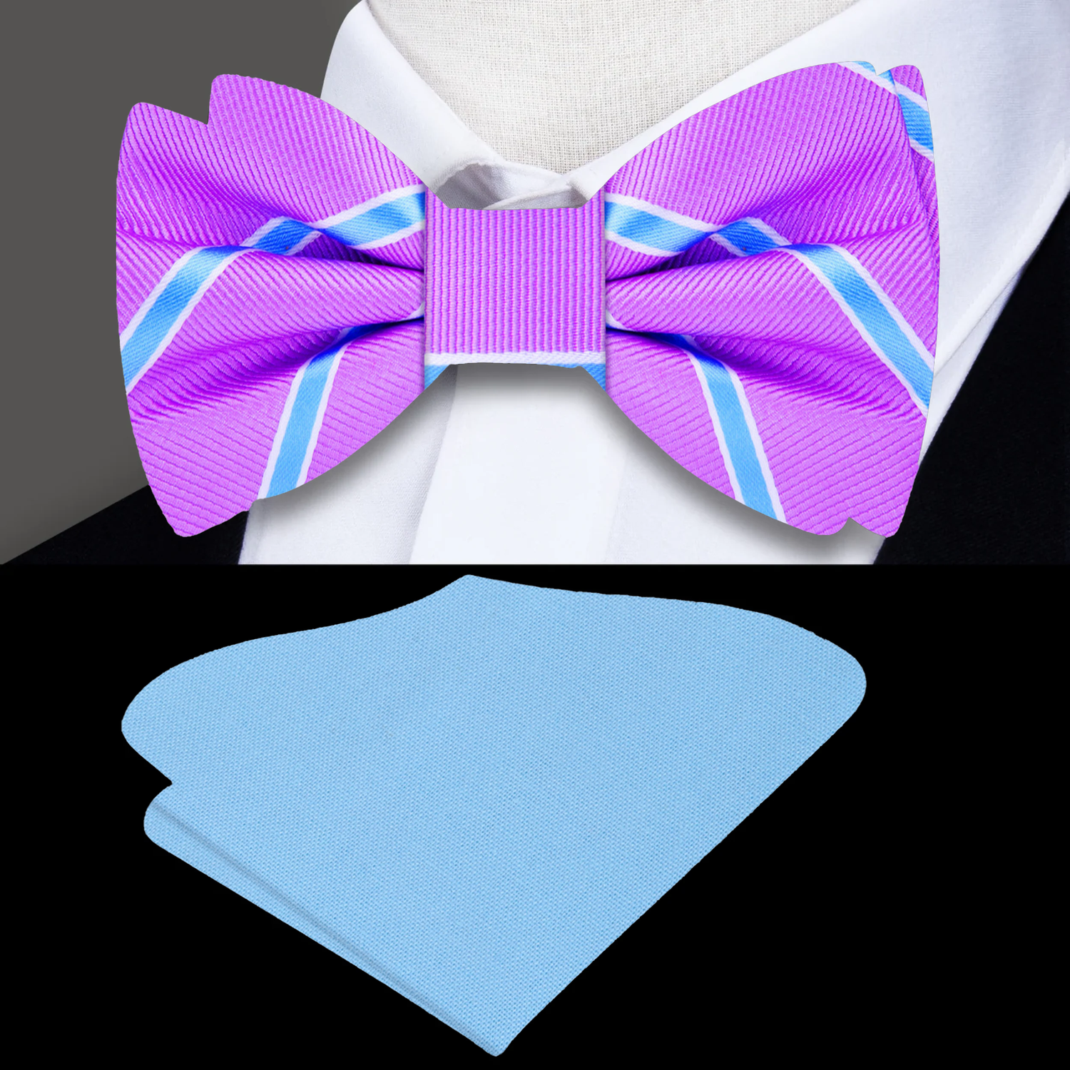 Purple, Light Blue Stripe Bow Tie and Light Blue Square