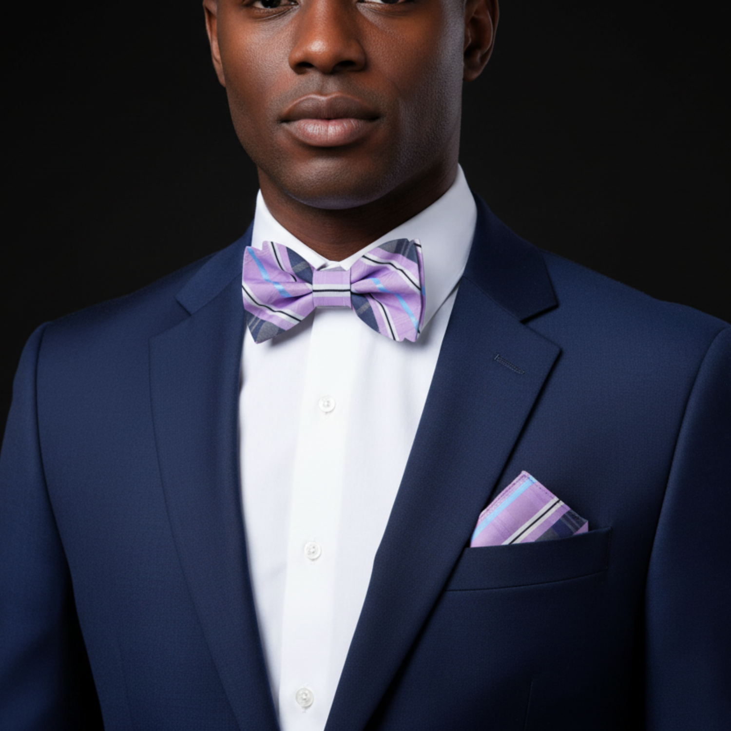 Man wearing a navy suit with a patterned bow tie and pocket square on a black background