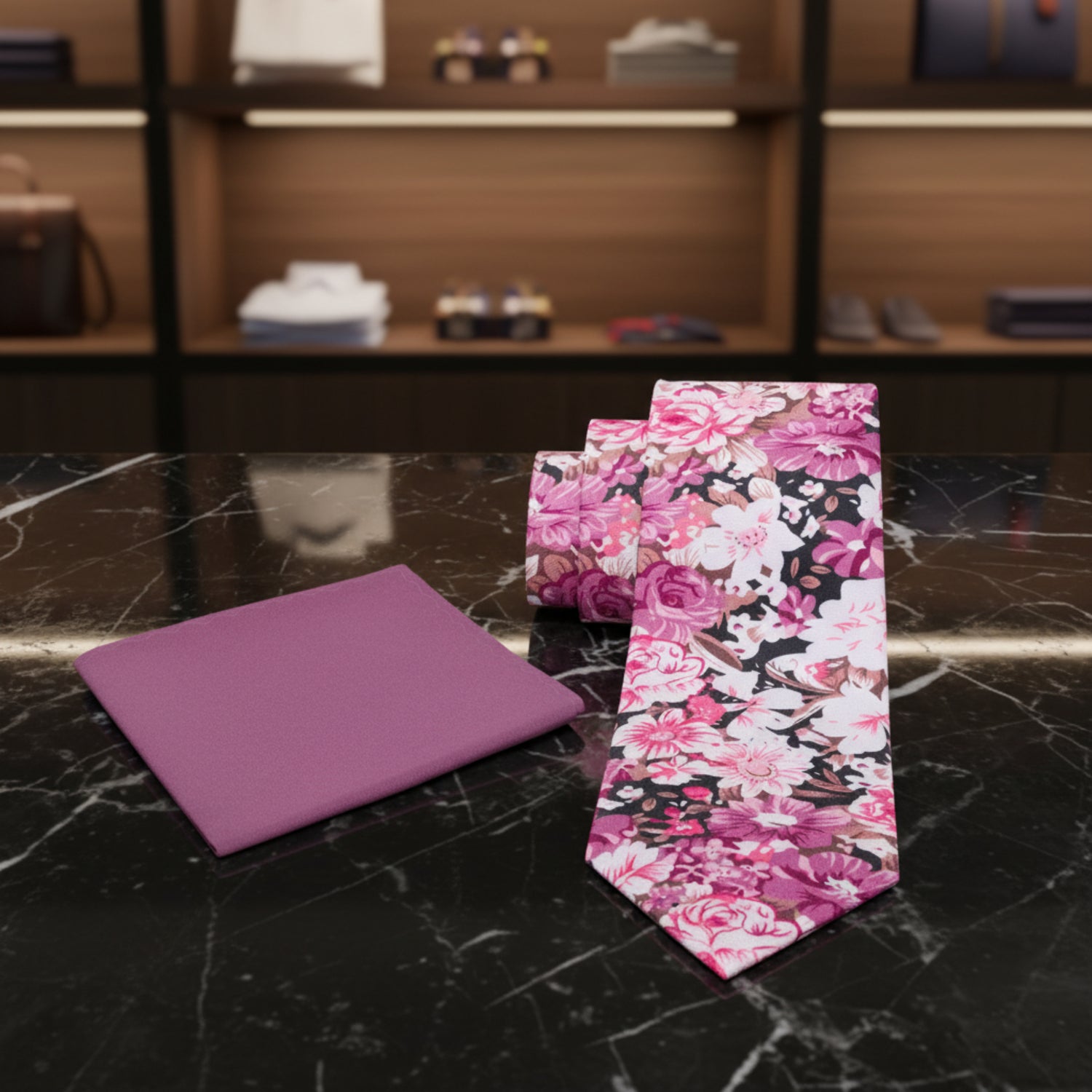 Alt View: Light Purple, Purple, White Brown Sketched Flowers Tie and Purple Square