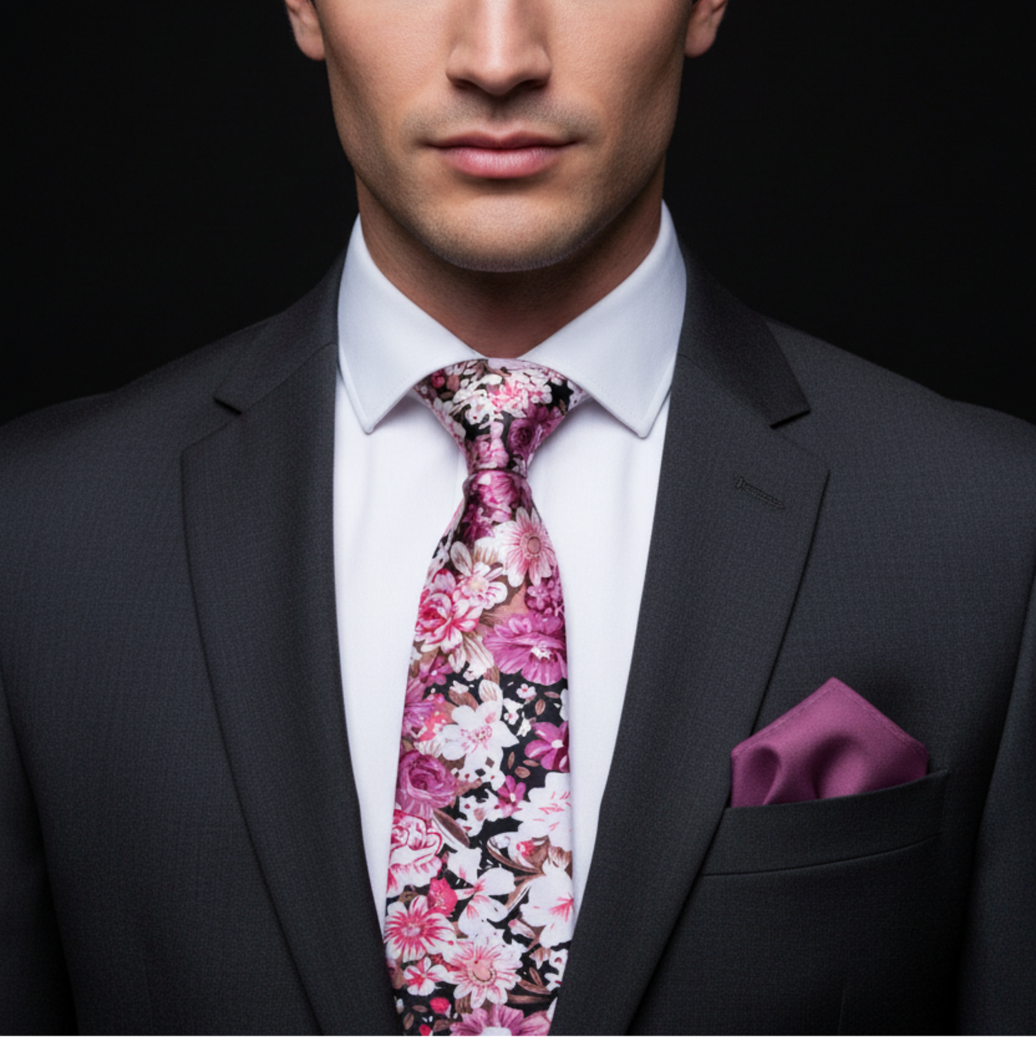 Man wearing a dark suit with a floral tie and matching pocket square on a black background