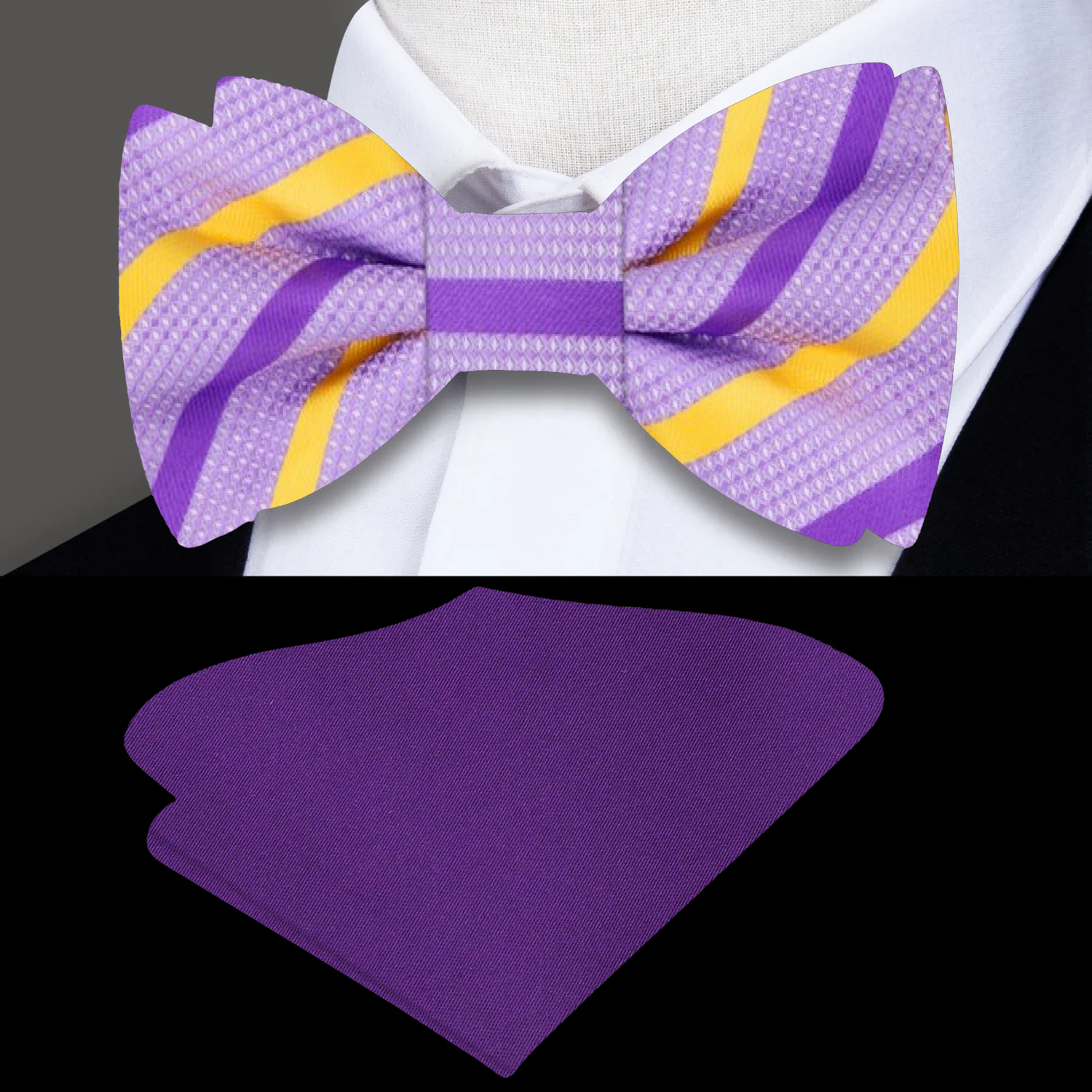 Purple, Yellow Stripe Bow Tie and Purple Pocket Square