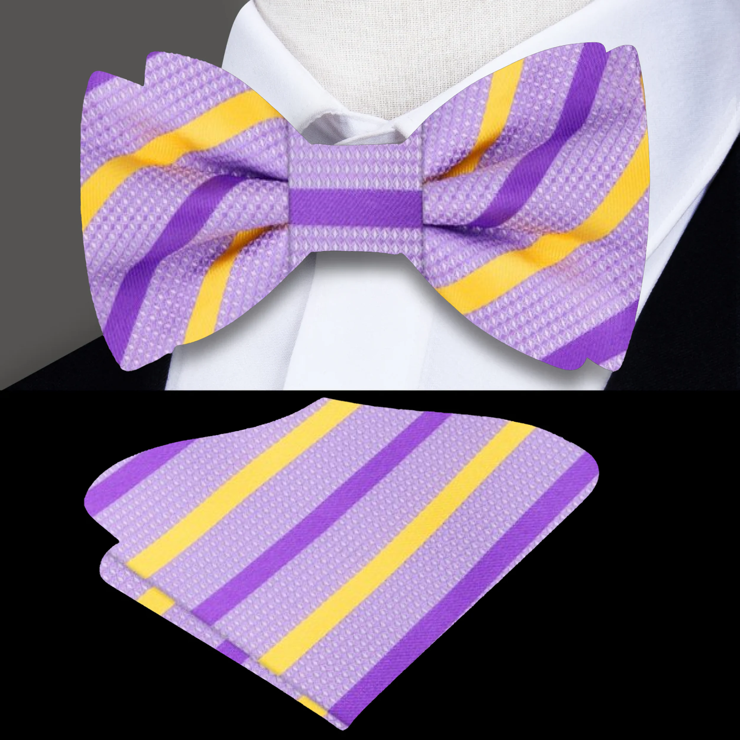 Purple, Yellow Stripe Bow Tie and Pocket Square