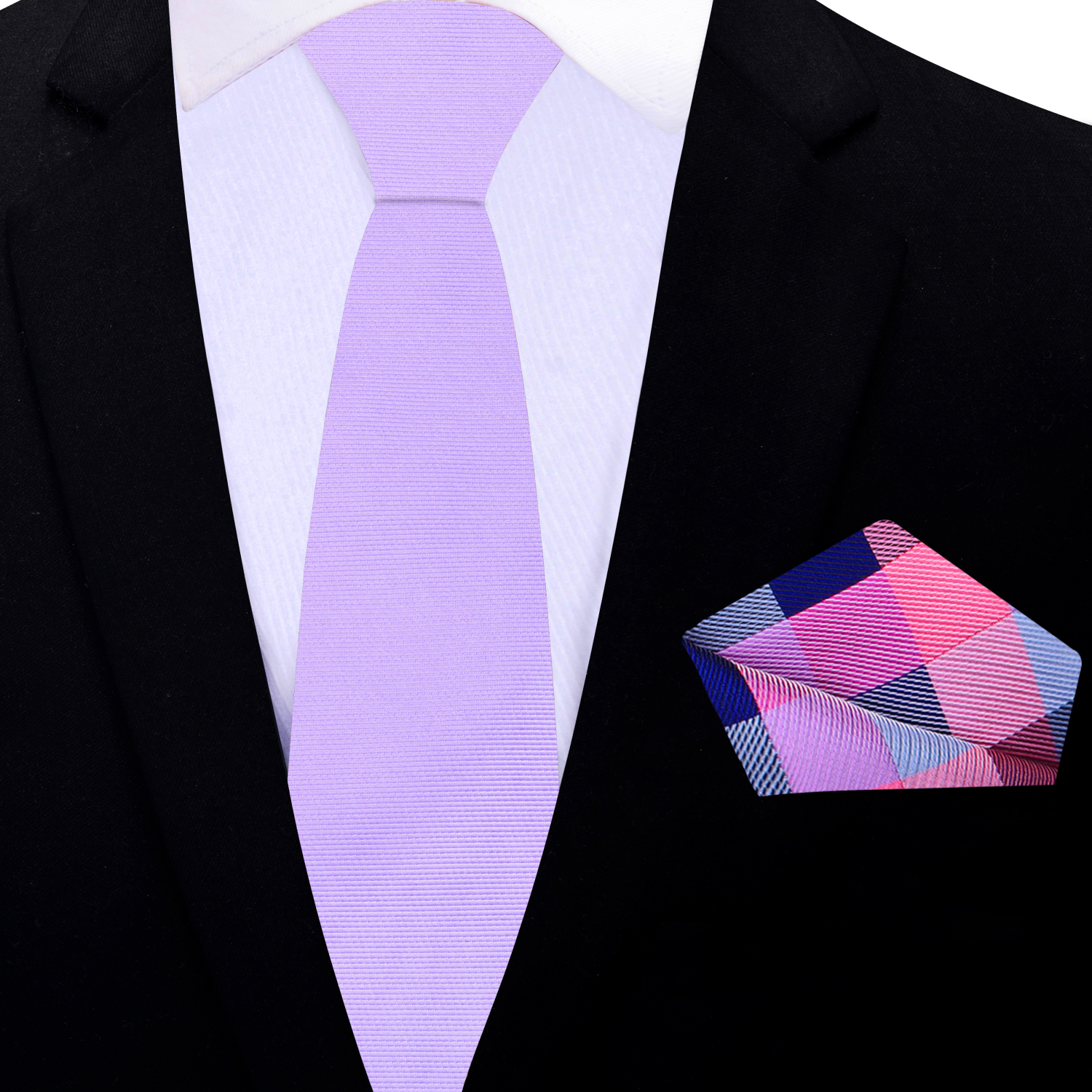 Thin Soft Purple Necktie and Accenting Pink Plaid Square