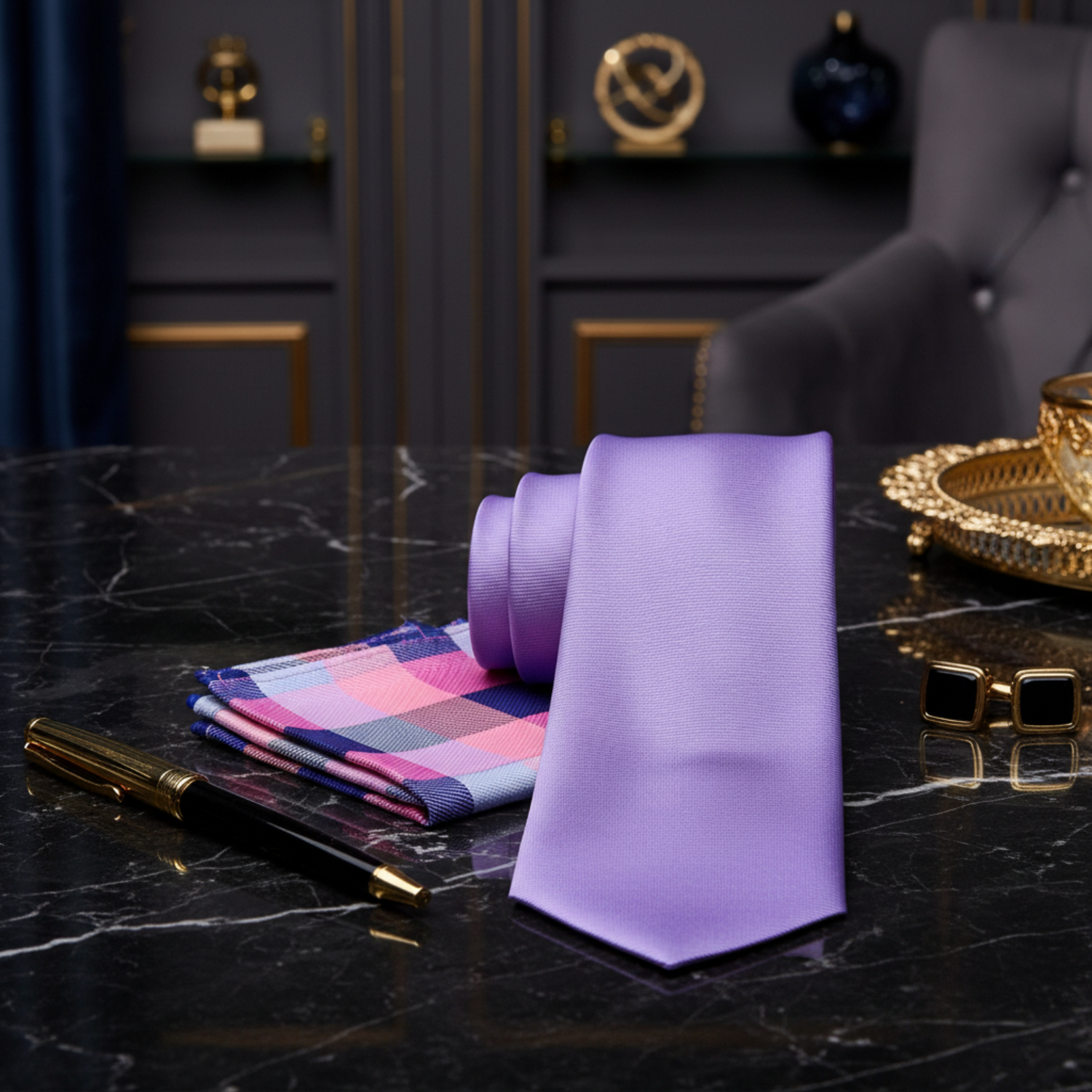 Alt Soft Purple Necktie and Accenting Pink Plaid Square