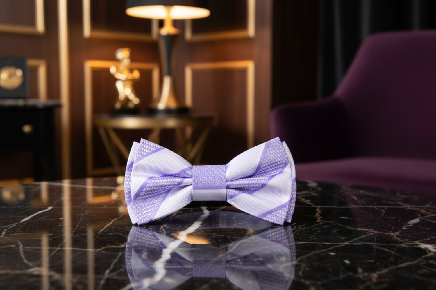 White and Purple Stripe Bow Tie Pre Tied