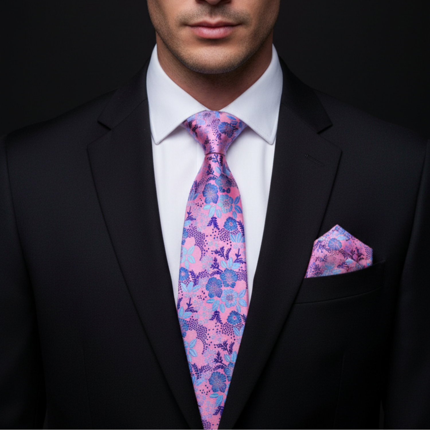 Man wearing a black suit with a pink and blue patterned tie and pocket square.